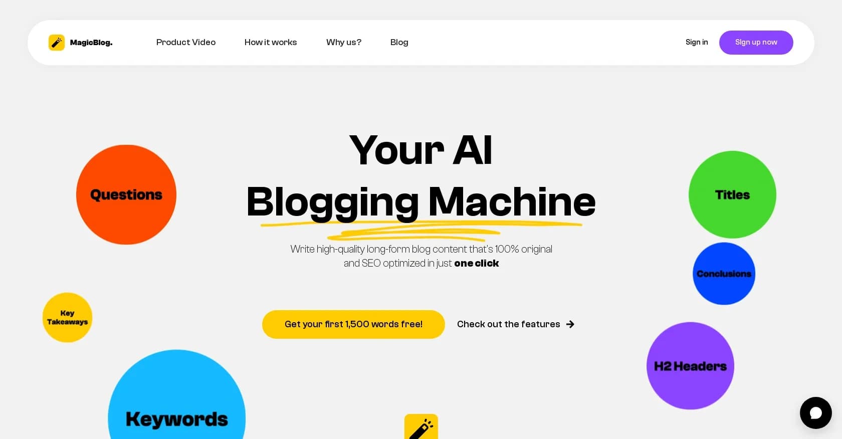 MagicBlog homepage screenshot — AI-powered blog writing: Original, SEO-optimized, one click.