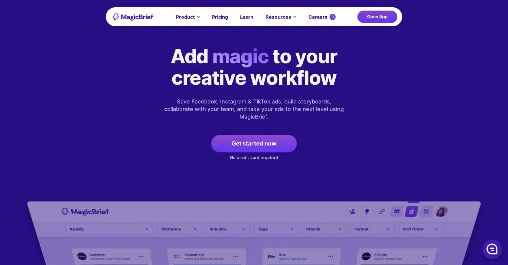 MagicBrief homepage screenshot — Add magic to your creative workflow