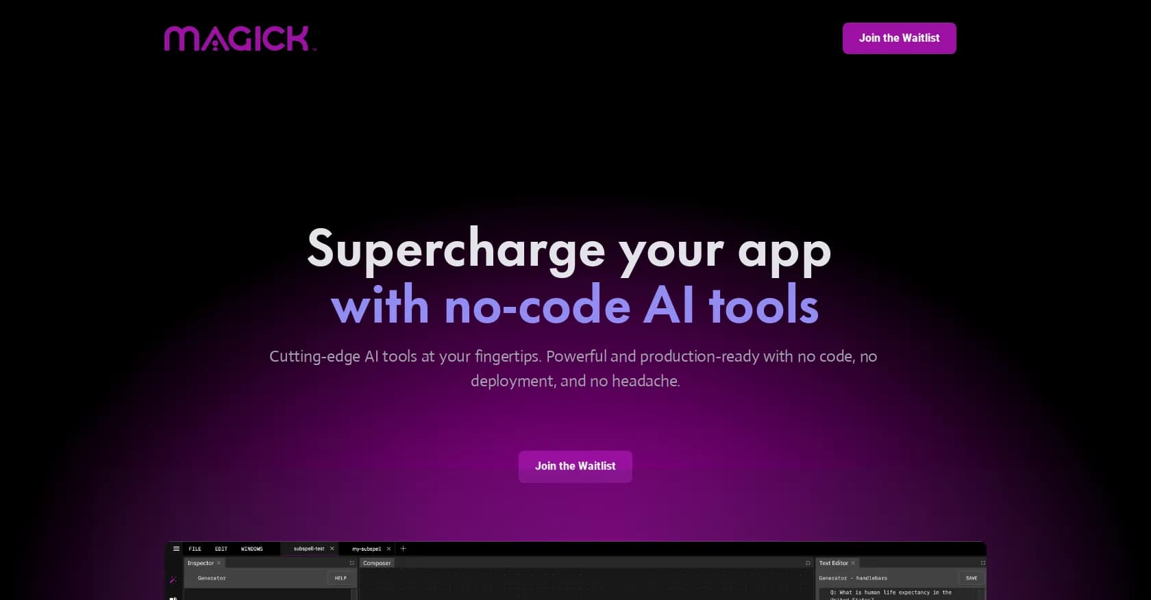 Magick homepage screenshot — Supercharge your app with no-code AI tools.