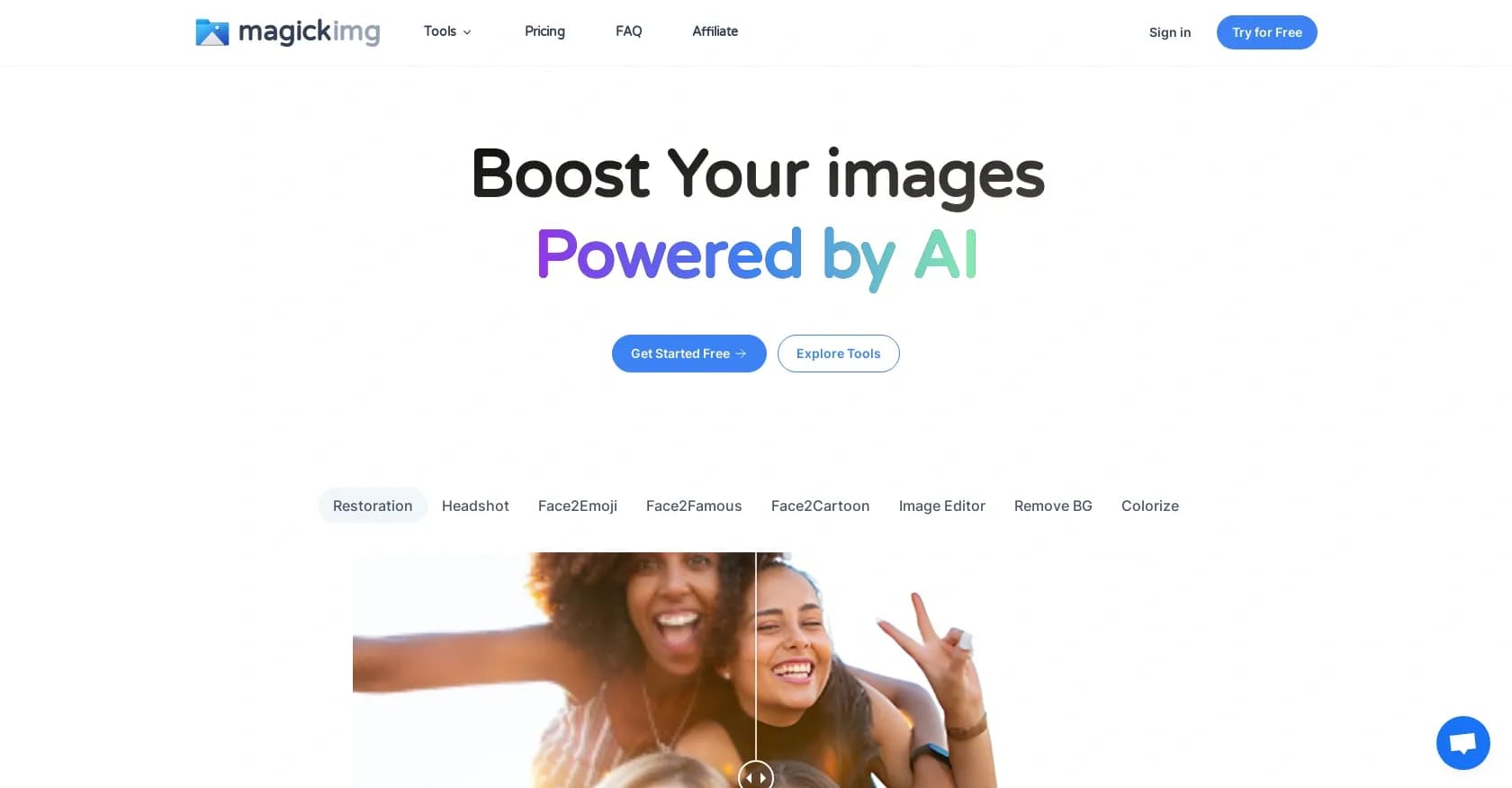 Magickimg homepage screenshot — Boost your images with AI-powered magic.