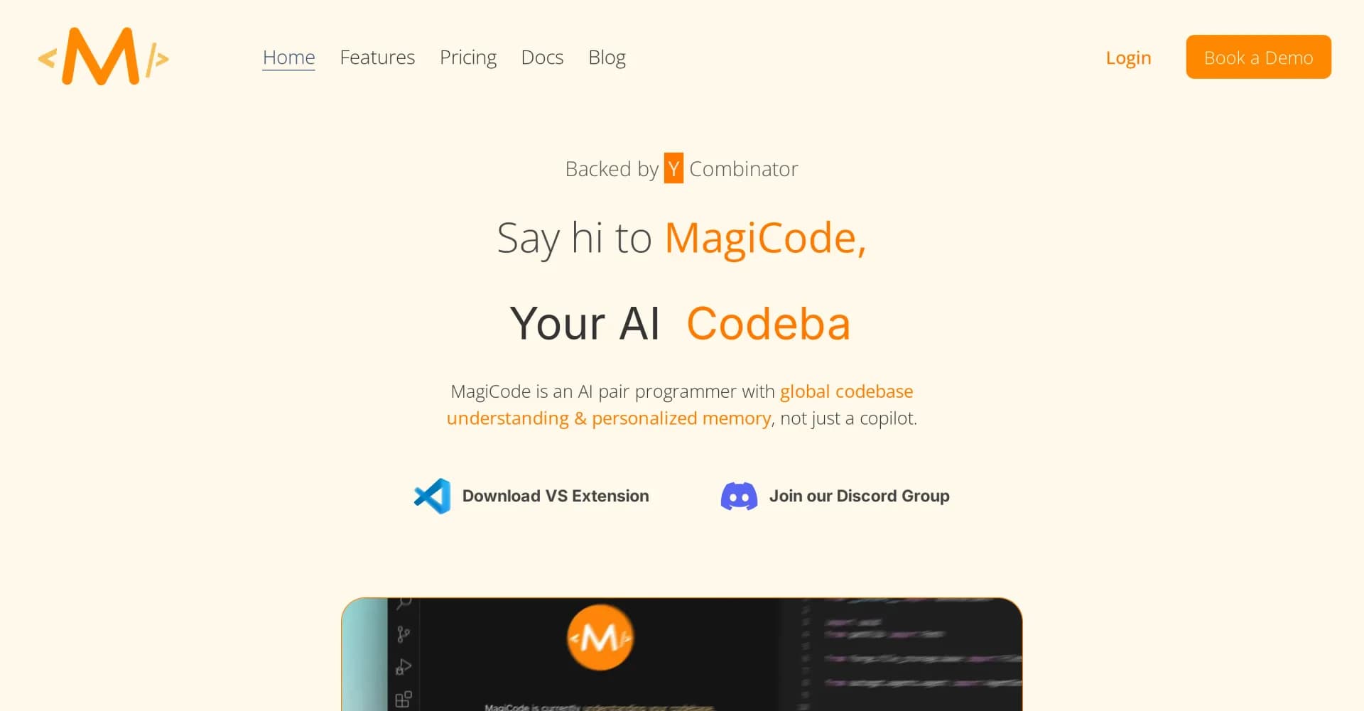 MagiCode homepage screenshot — Your AI pair programmer with codebase expertise