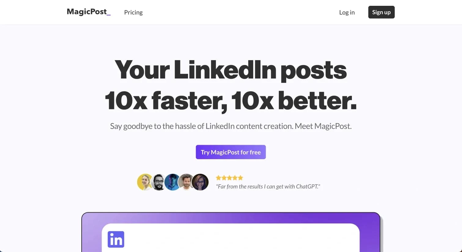MagicPostv2.0 homepage screenshot — Efficient LinkedIn post generation.
