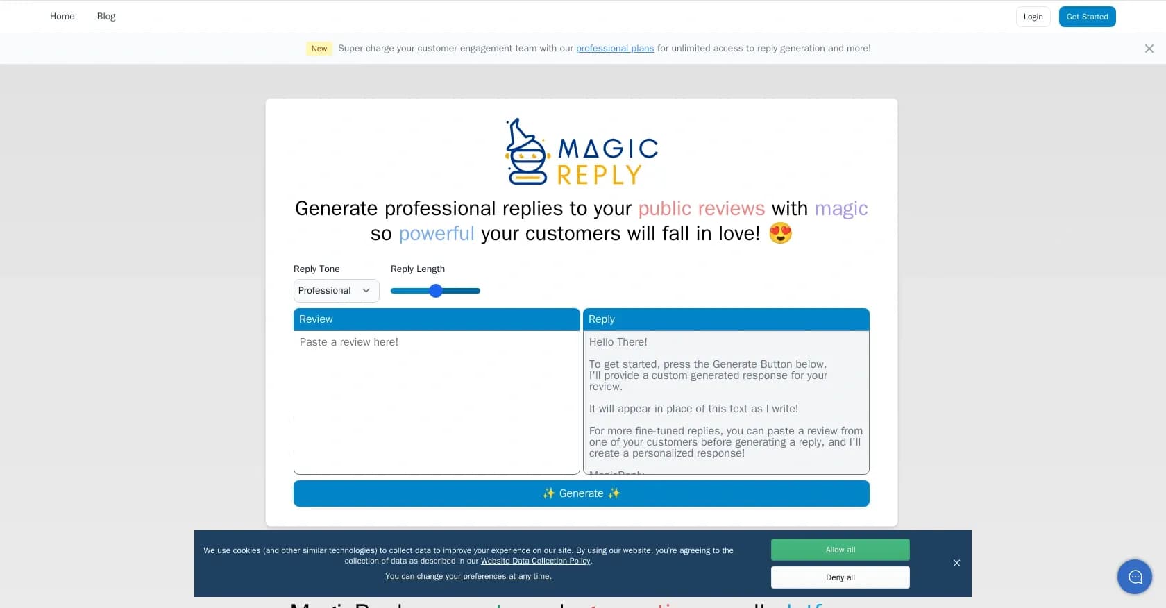 MagicReply homepage screenshot — Generate professional replies to public reviews with AI