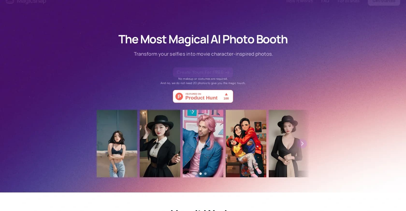 Magicsnap homepage screenshot — Transform selfies into movie character photos.