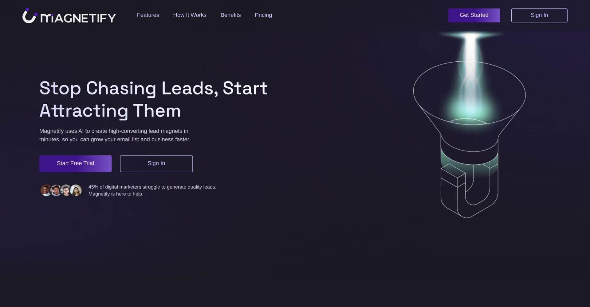Magnetify homepage screenshot — Build your list with lead magnets. Create mini-courses, eboo