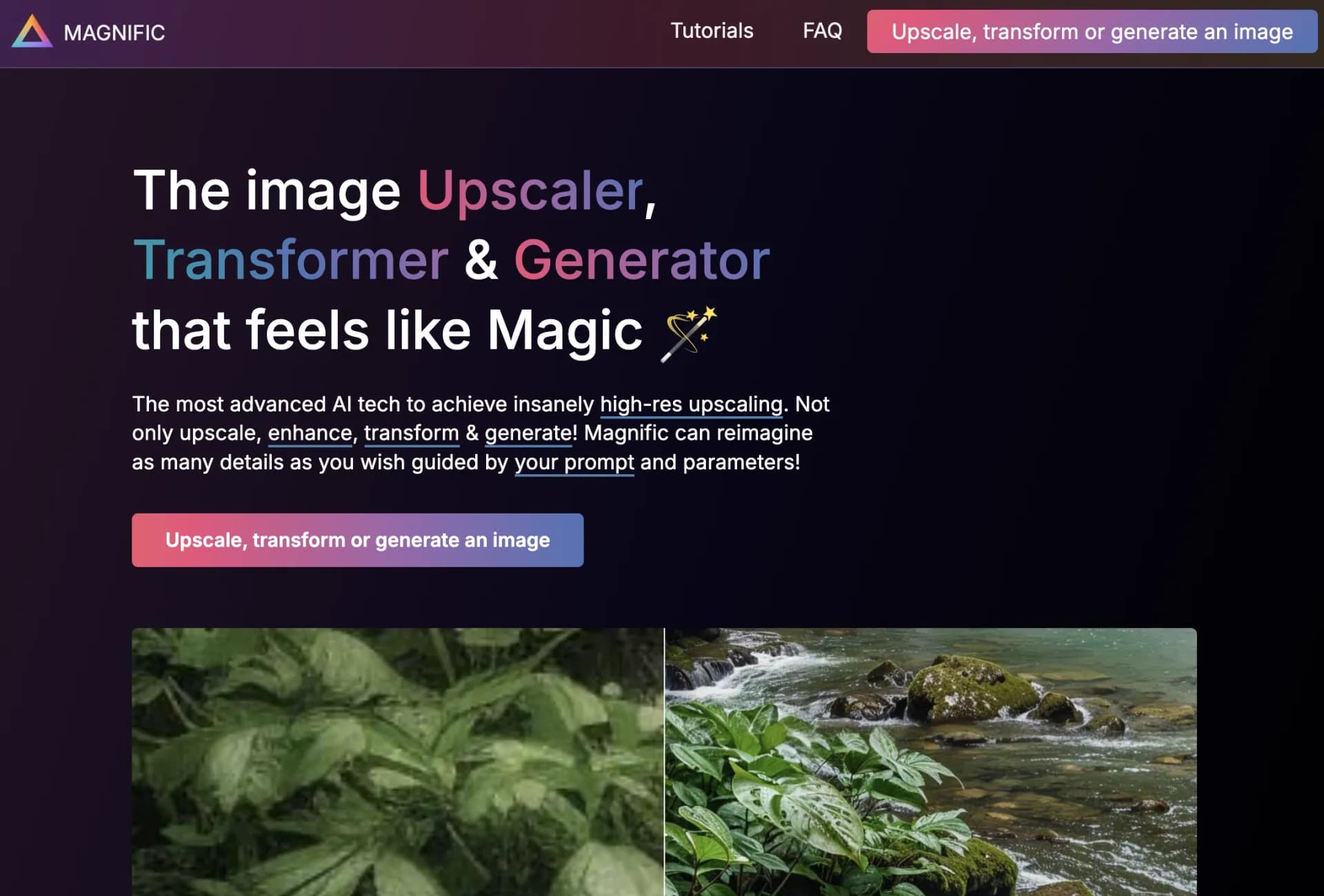 Magnificv1.4 homepage screenshot — Magically enhance images with AI-powered upscaling.