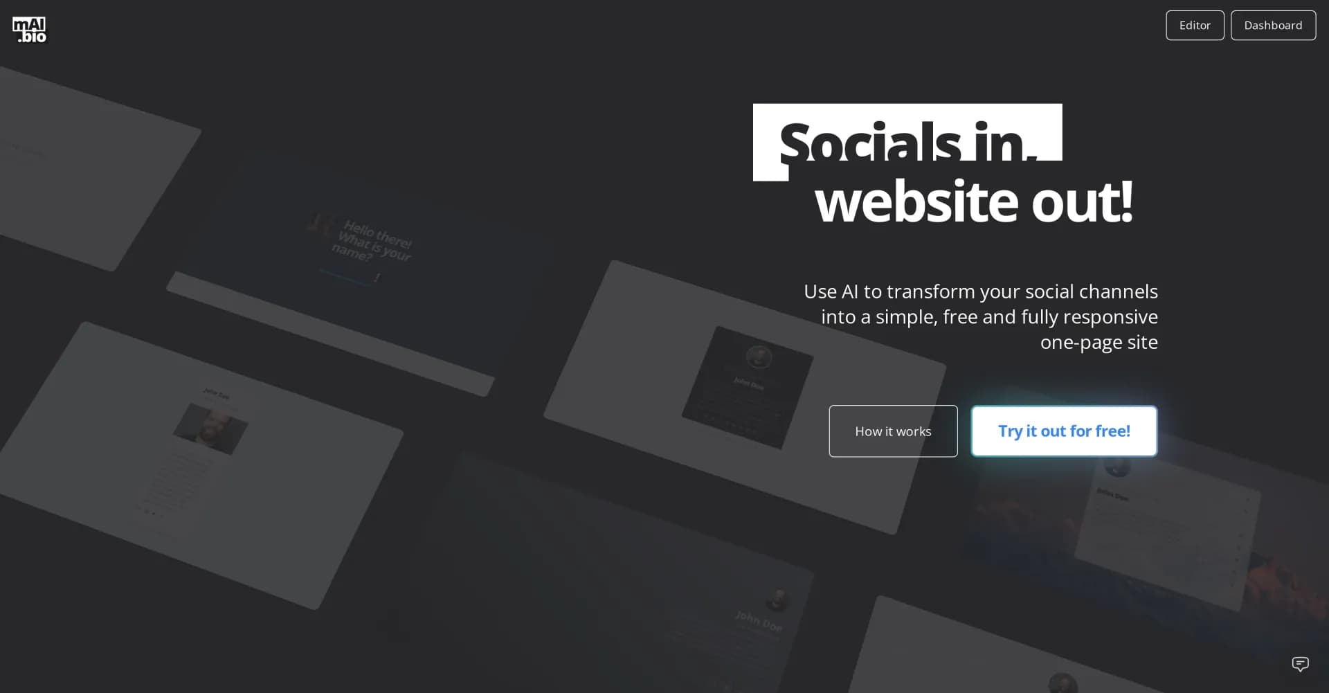 mai.bio homepage screenshot — AI-powered website from your social channels
