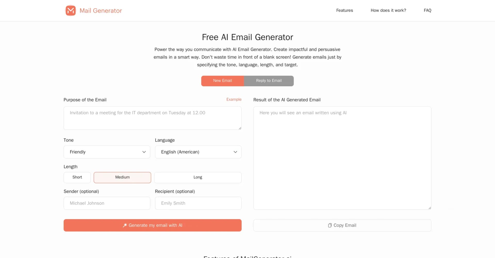 MailGenerator homepage screenshot — Create impactful emails effortlessly with AI.