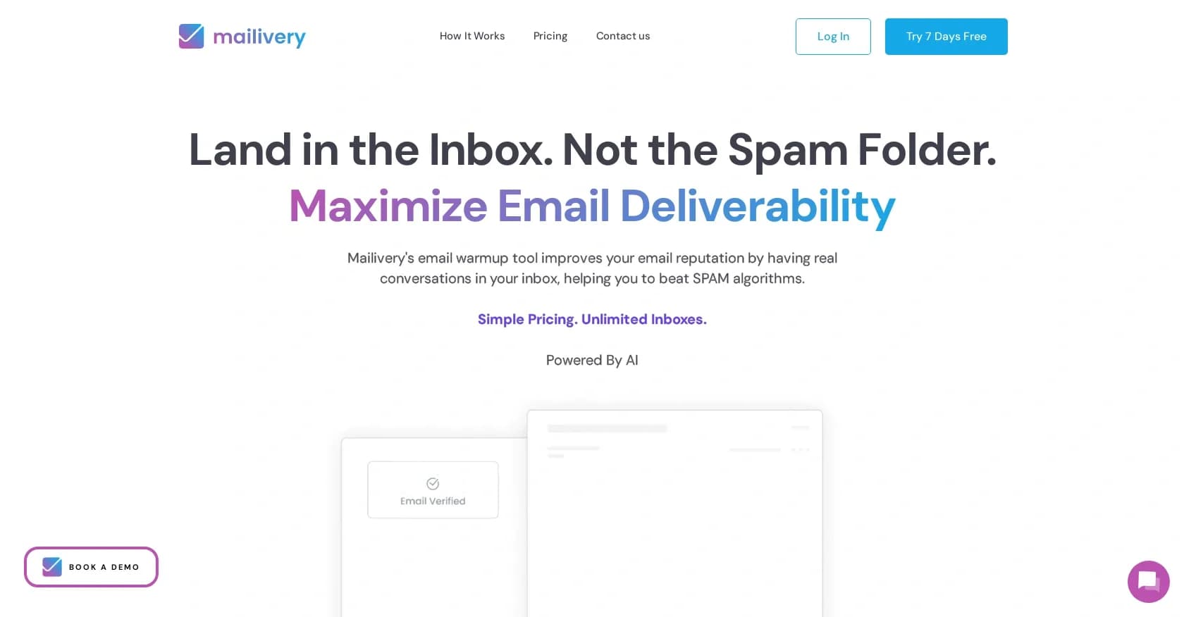 Mailivery homepage screenshot — Boost email reputation: AI conversations beat spam filters.