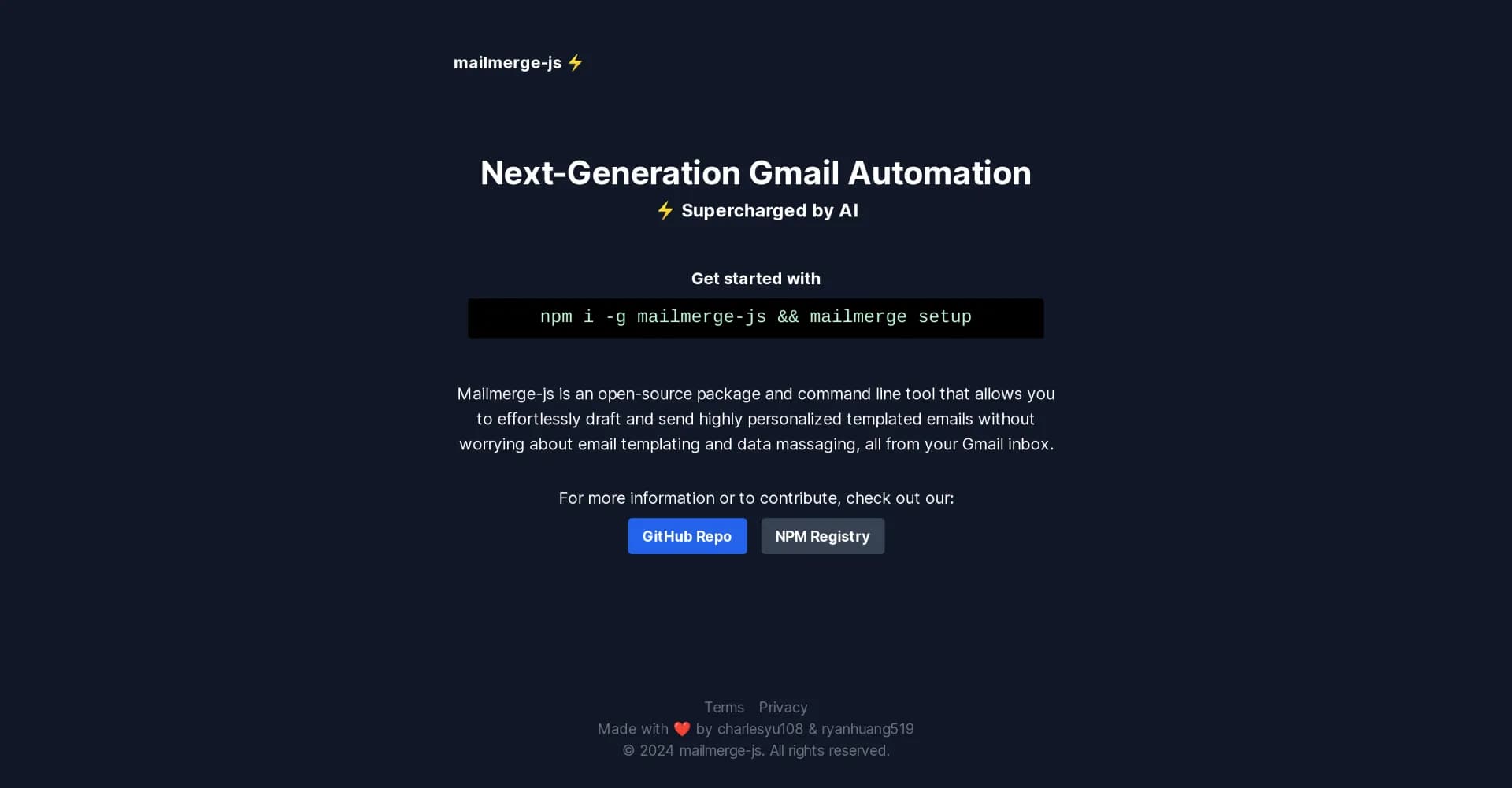 Mailmerge-JS homepage screenshot — AI-powered Gmail automation for personalized emails