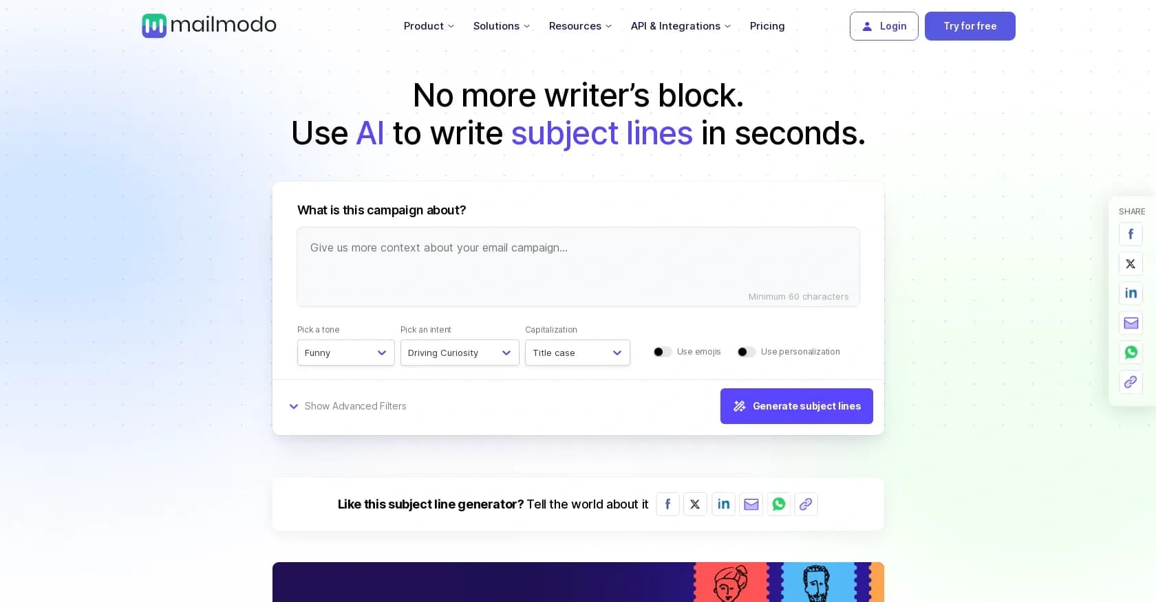 Mailmodo homepage screenshot — Generate compelling email subject lines with AI