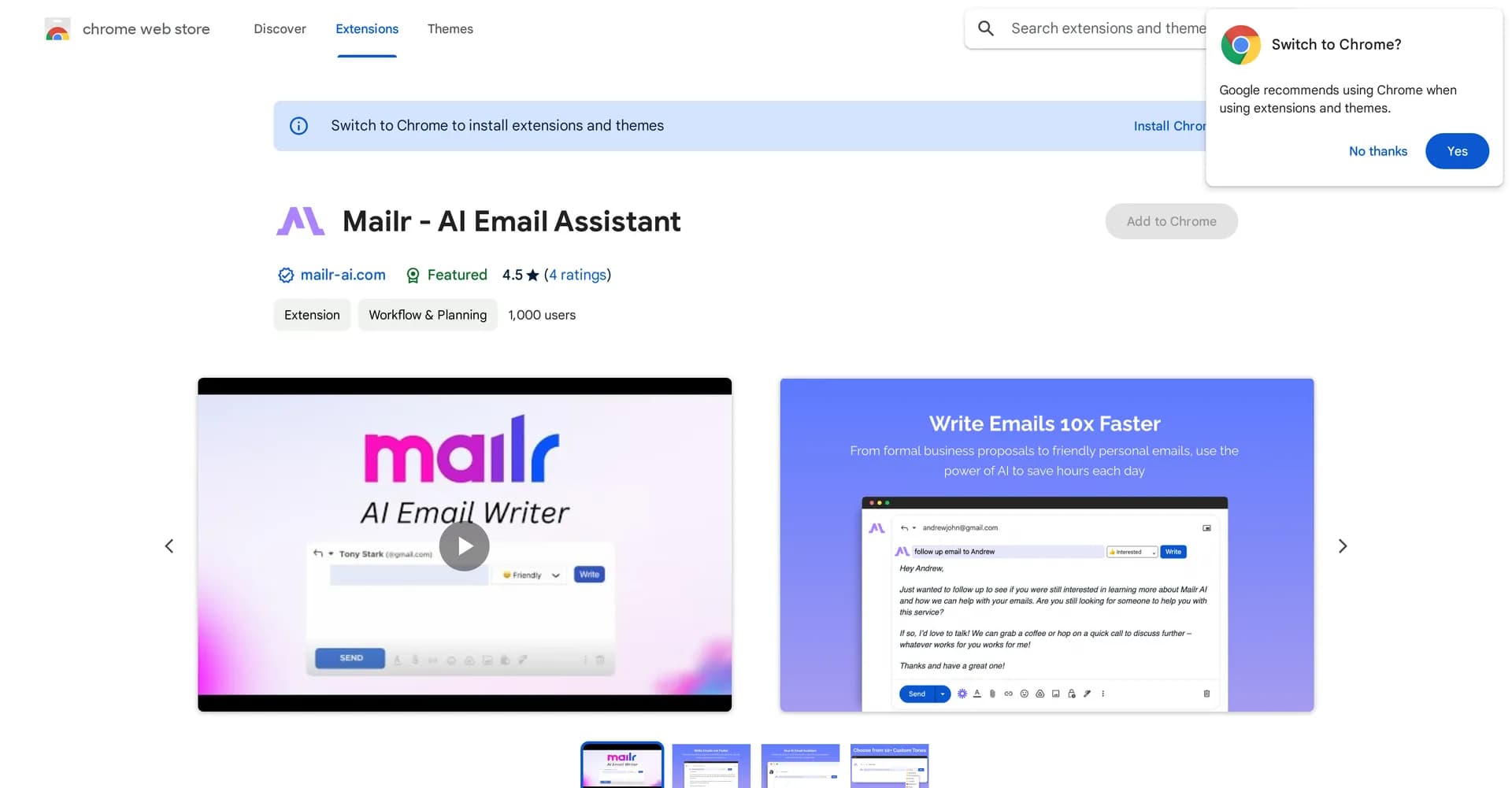 Mailr homepage screenshot — AI assistant that writes and replies to emails
