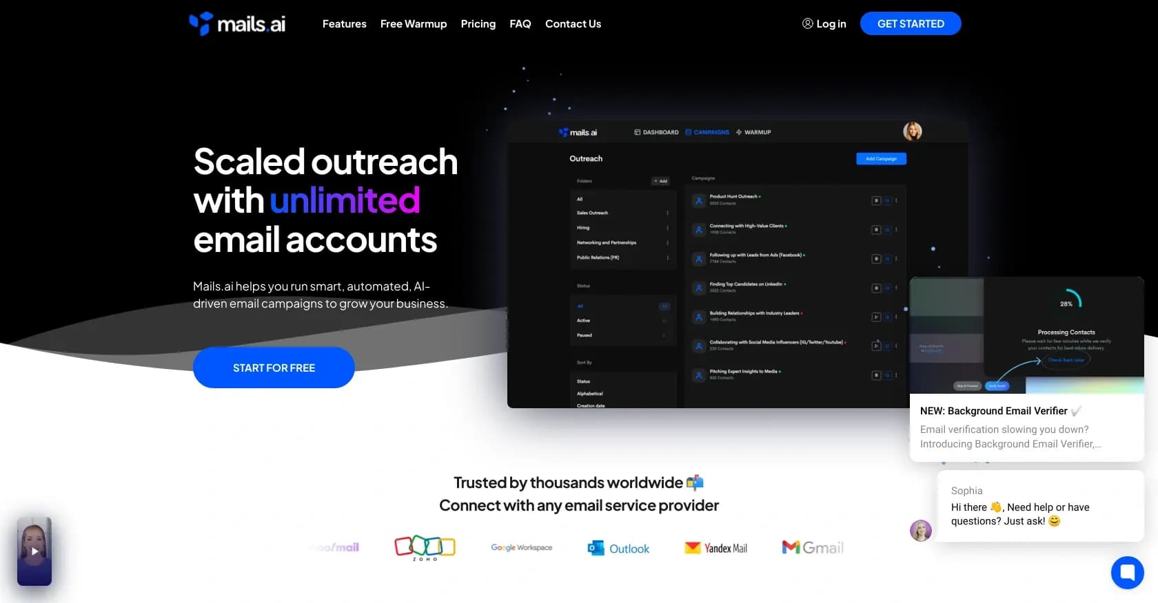 Mails.ai homepage screenshot — AI-powered cold email automation for lead generation.