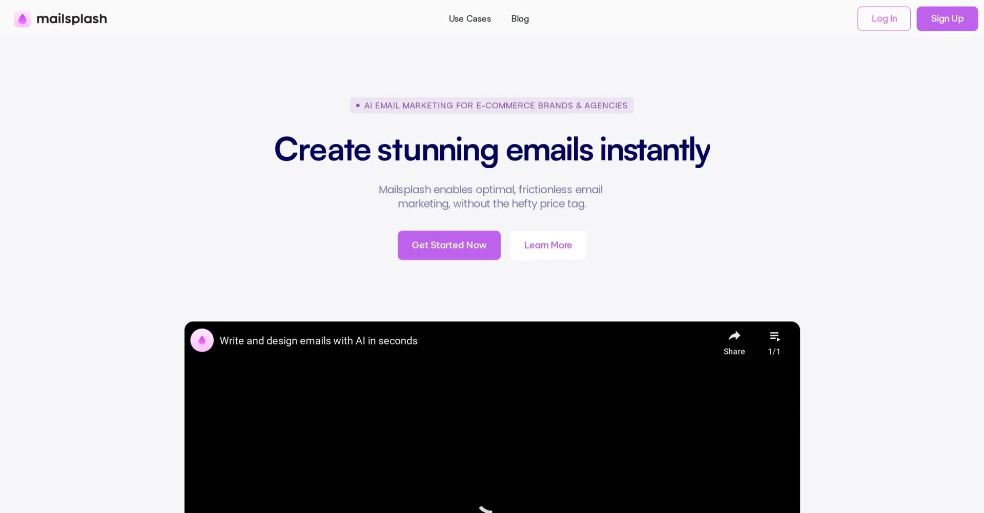Mailsplash homepage screenshot — Design stunning emails instantly with AI.