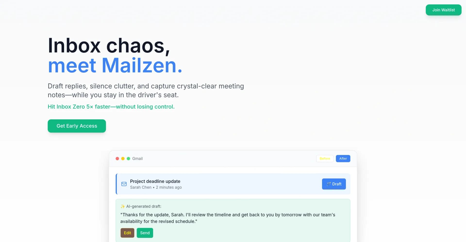 Mailzen.ai — Inbox Zen. Draft ✍️ Declutter 🗂... homepage screenshot — AI email co-pilot: Draft, triage, and capture notes effortle