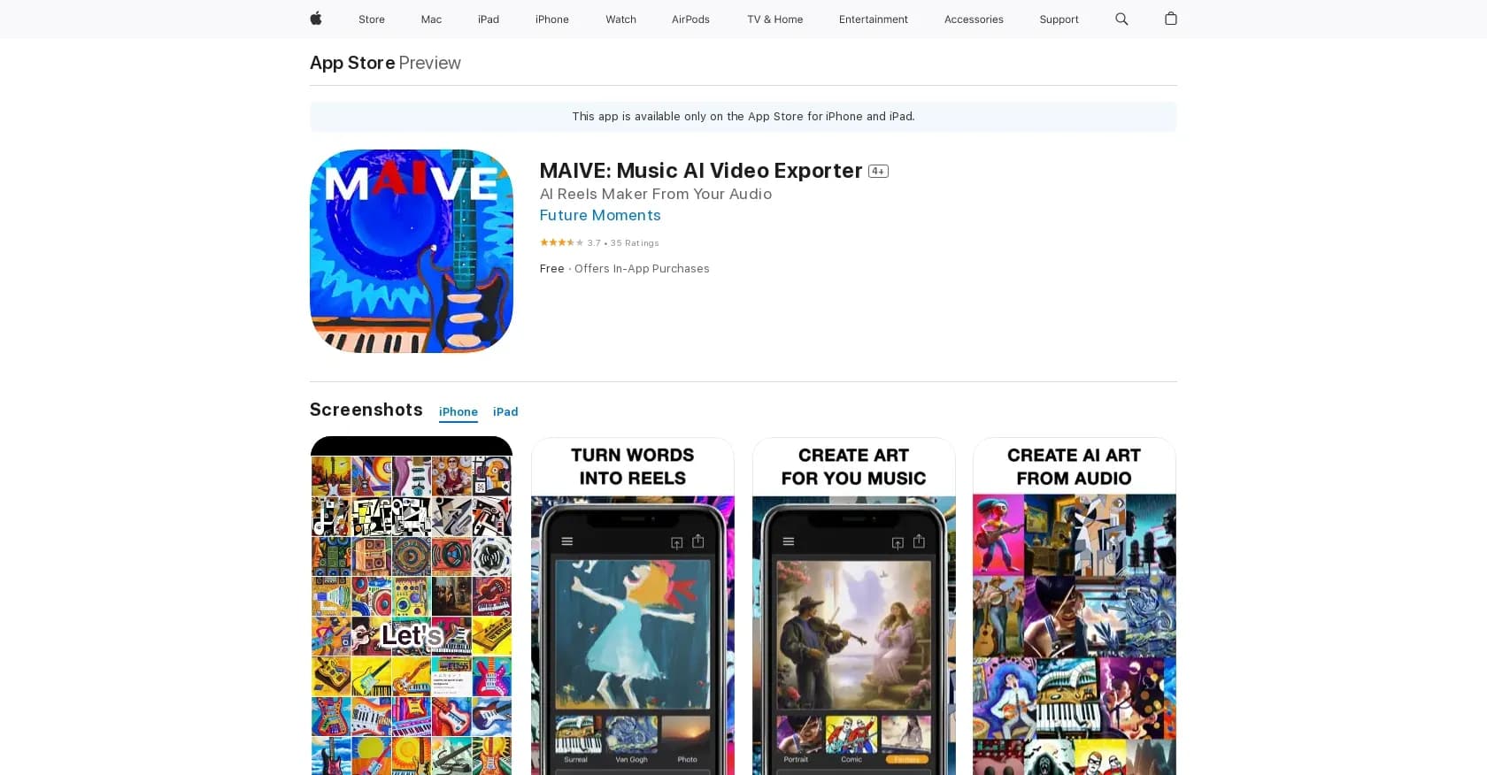 MAIVE homepage screenshot — Custom music videos w/ visuals & matching tones.