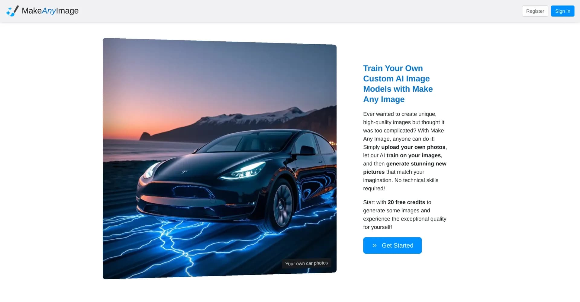 Make Any Image homepage screenshot — Train custom AI image models effortlessly.