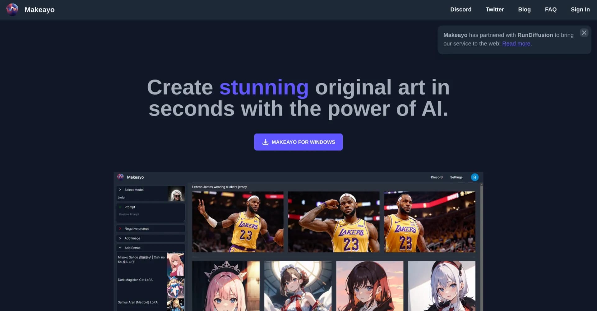 Makeayo homepage screenshot — Create stunning AI-generated art in seconds.