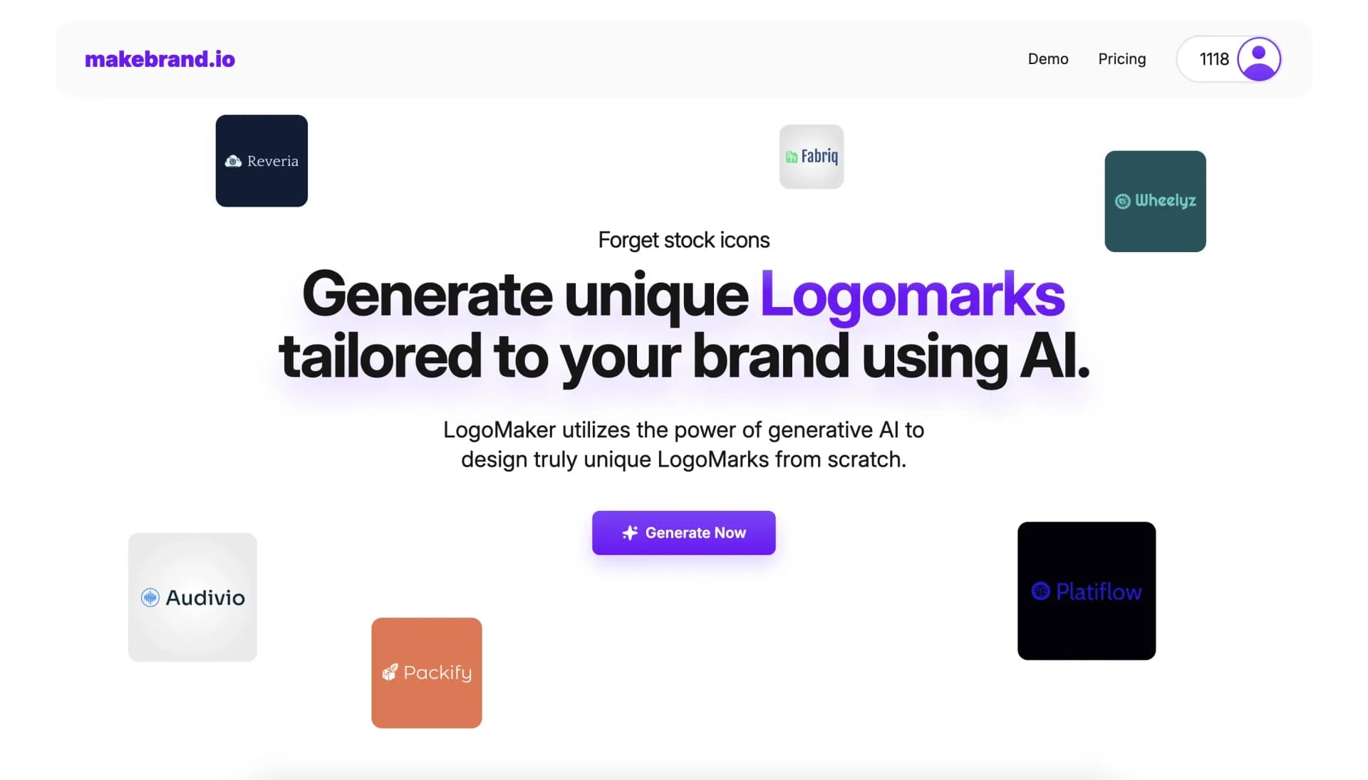 makebrand logomaker homepage screenshot — Create unique logos using AI, no stock icons needed.