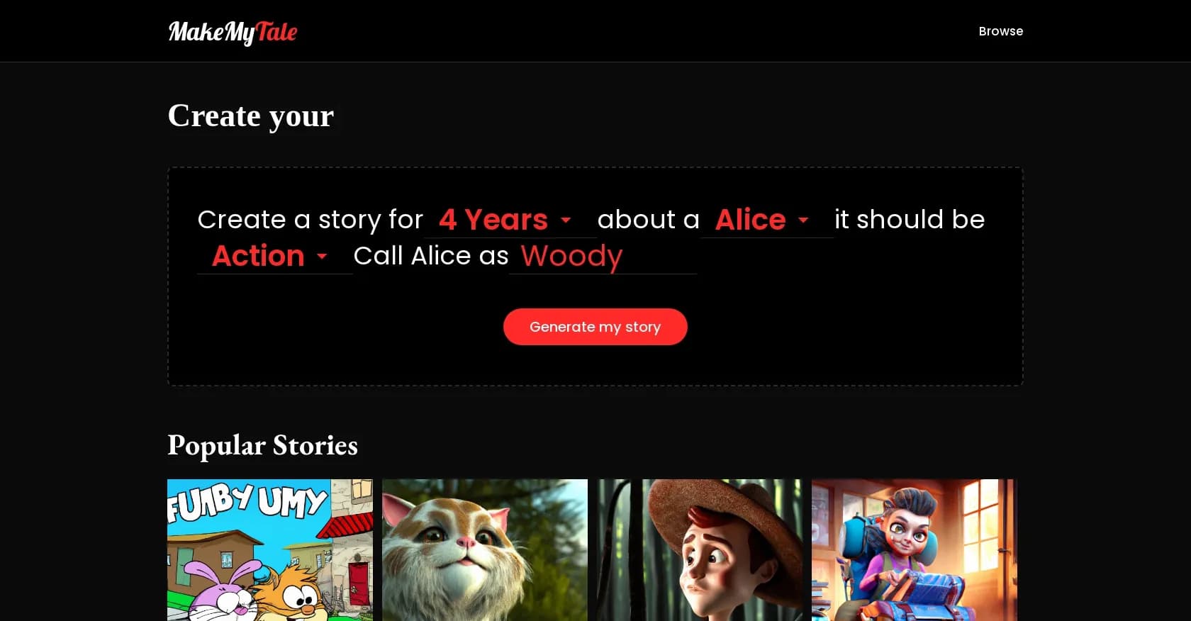 Makemytale homepage screenshot — Create and share AI-powered short stories for kids.