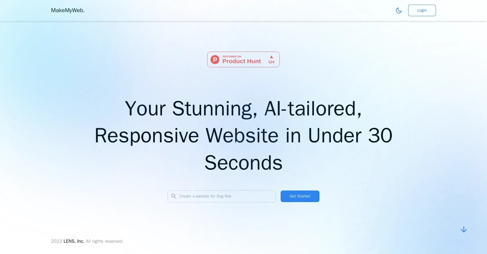 MakeMyWeb homepage screenshot — Stunning AI-tailored websites in 30 seconds