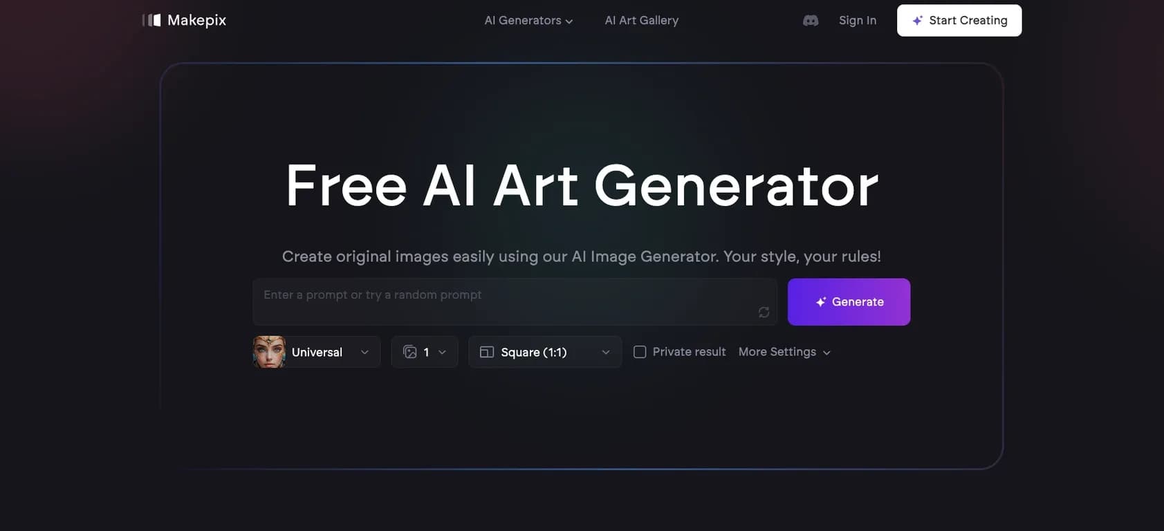 Makepix homepage screenshot — Transform ideas into visual masterpieces with AI.