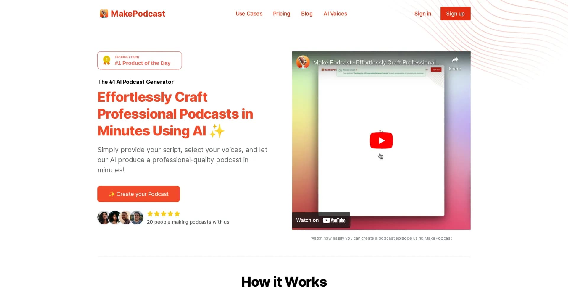 MakePodcast homepage screenshot — AI podcast creator: Script to audio in minutes.