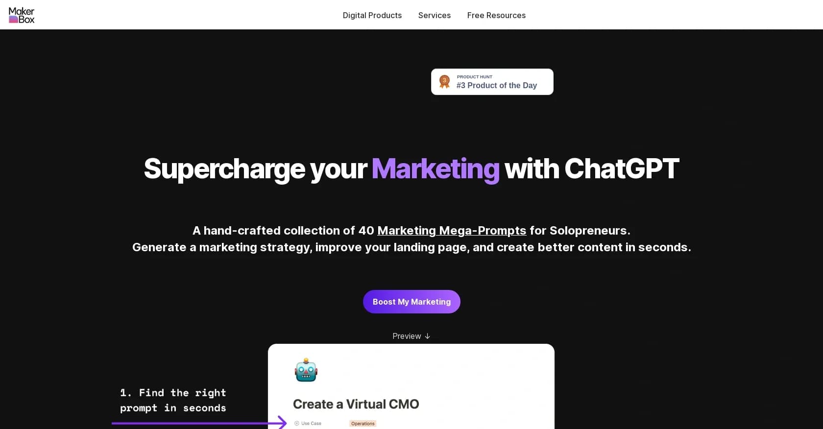 MakerBox Club homepage screenshot — Supercharge marketing with 40 AI-powered prompts