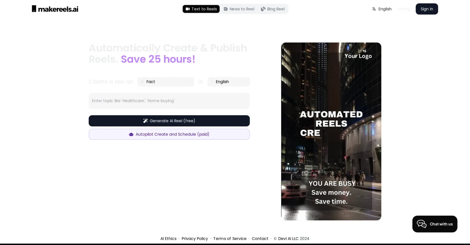 Makereels.ai homepage screenshot — Auto-generate and schedule engaging reels from text prompts