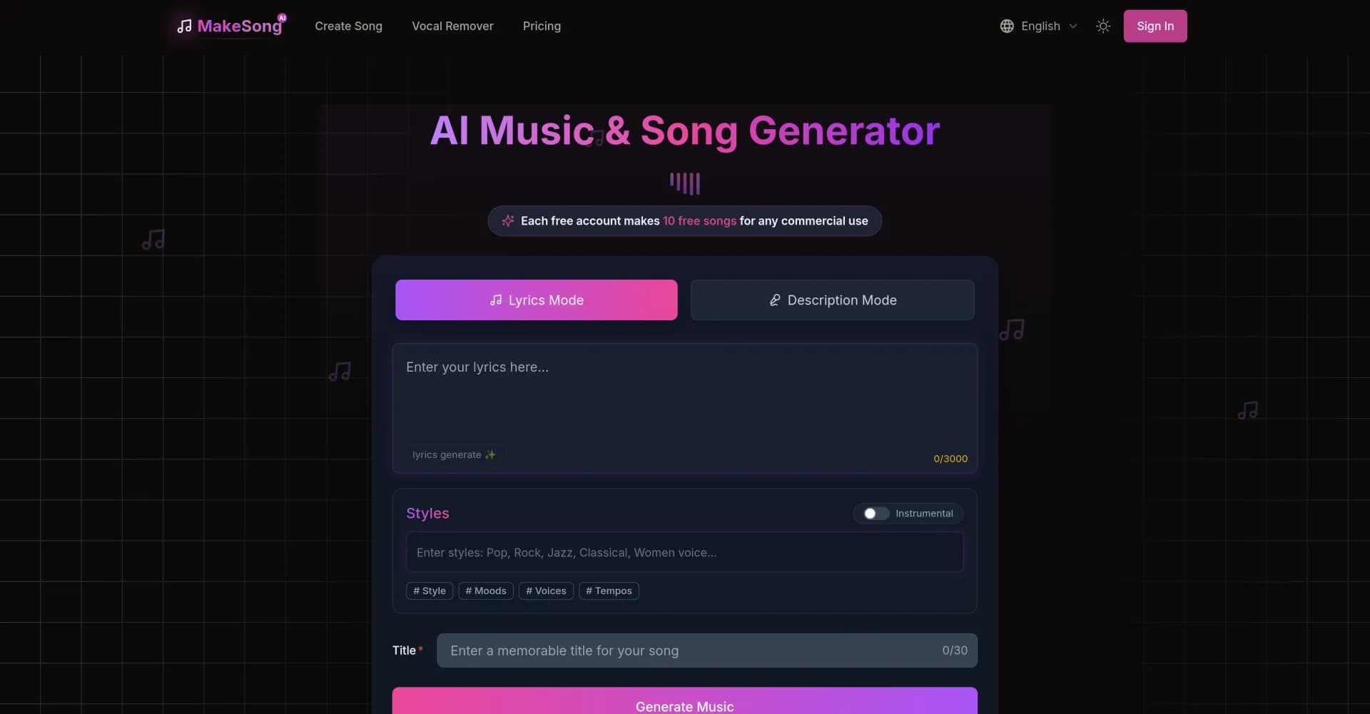 MakeSong homepage screenshot — Turn text into royalty-free songs effortlessly.