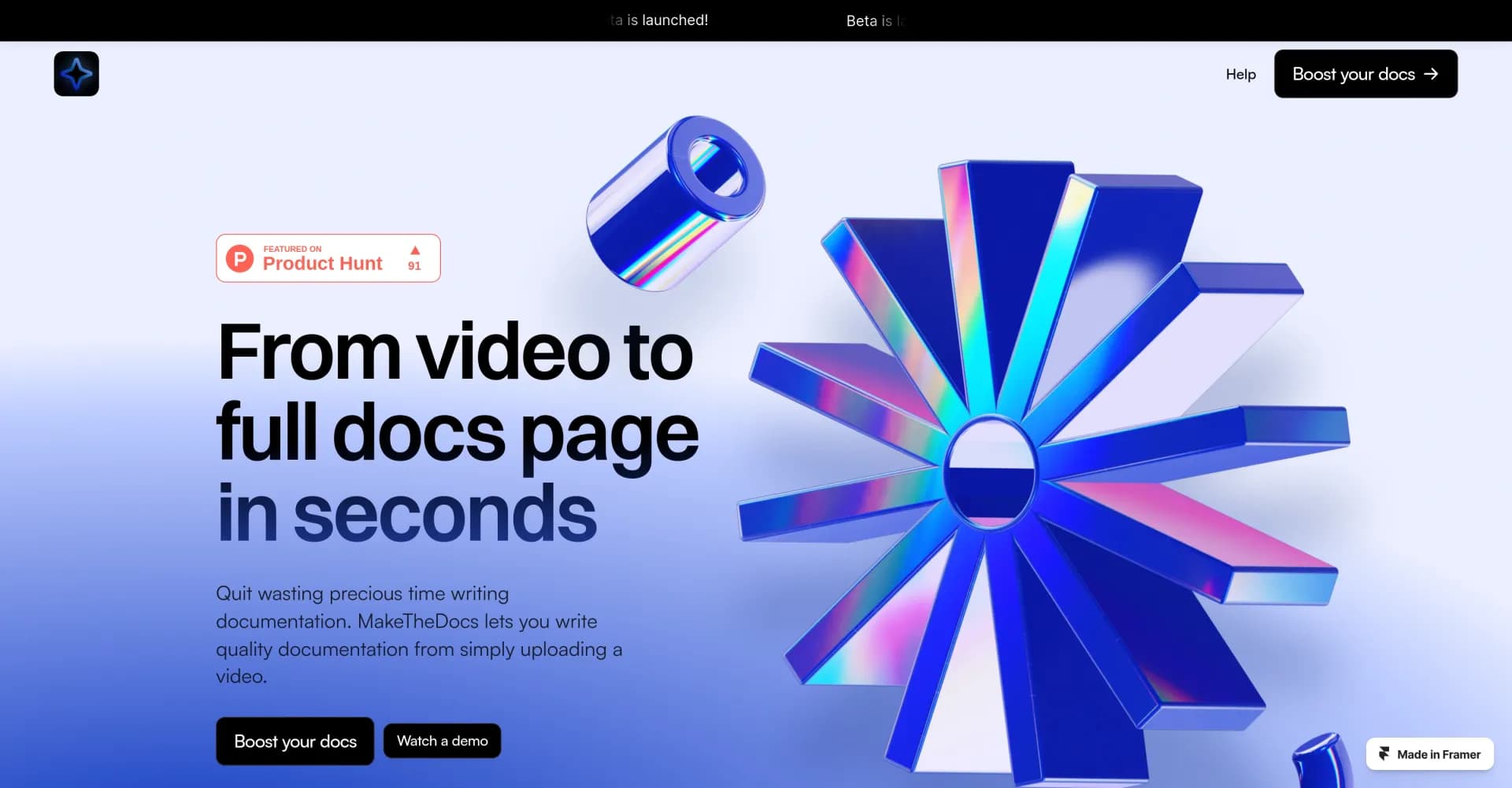 MakeTheDocs homepage screenshot — Generate full documentation from a demo video.