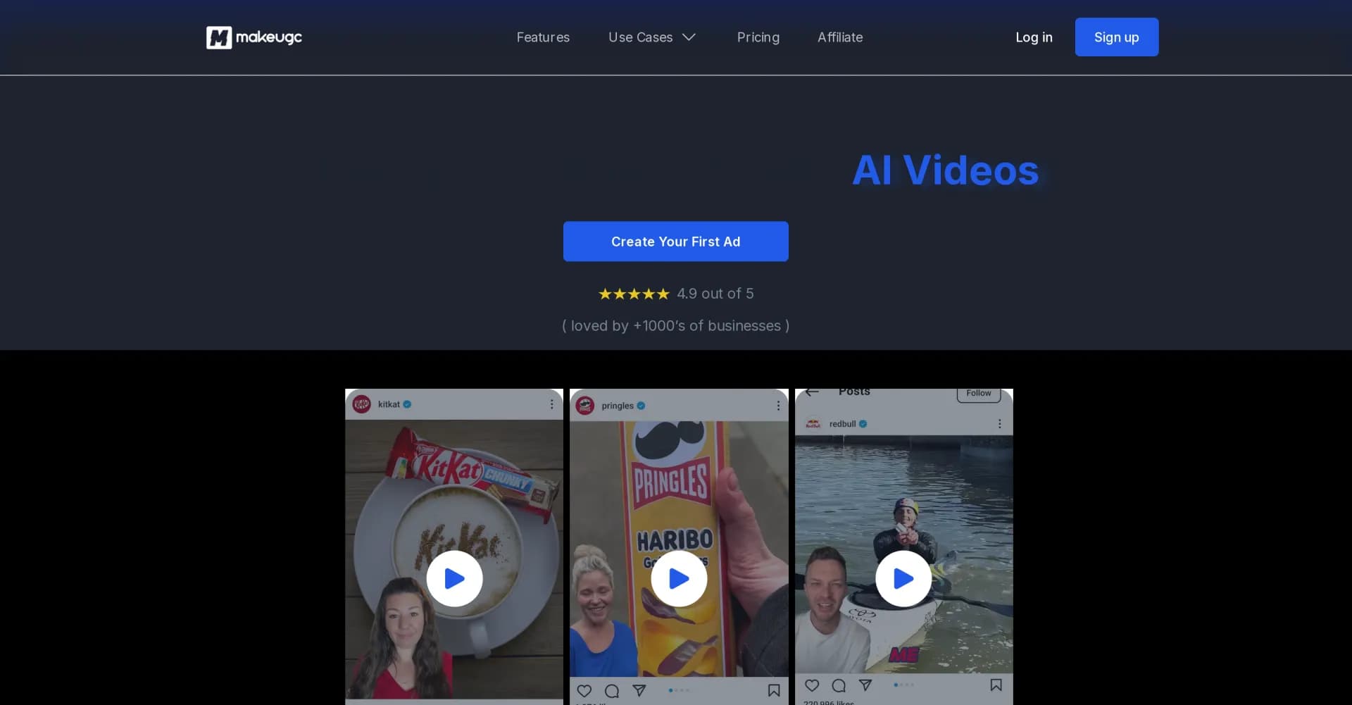 MakeUGC homepage screenshot — Create viral AI videos in minutes.