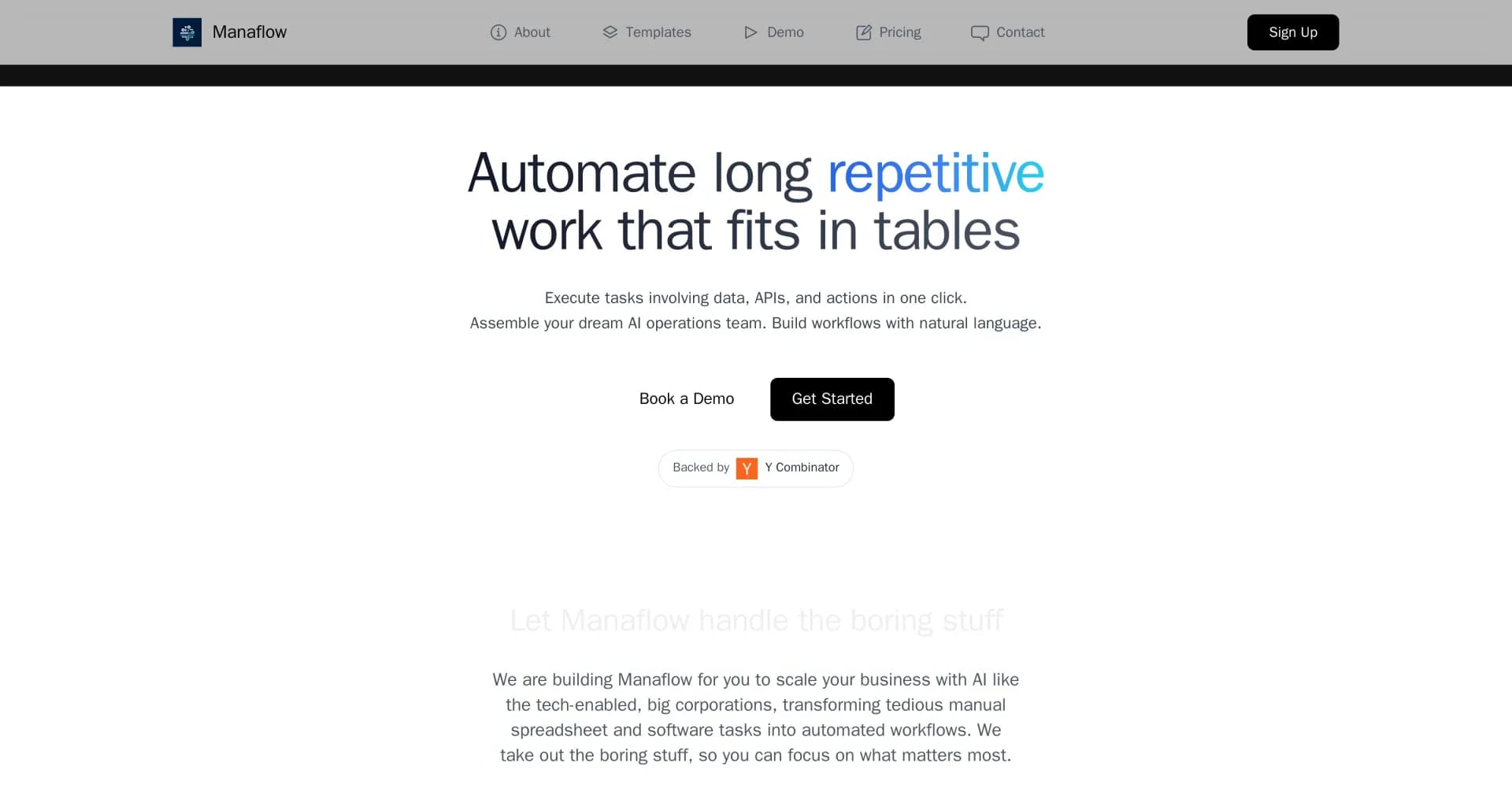 Manaflow homepage screenshot — Automate repetitive office work in tables.