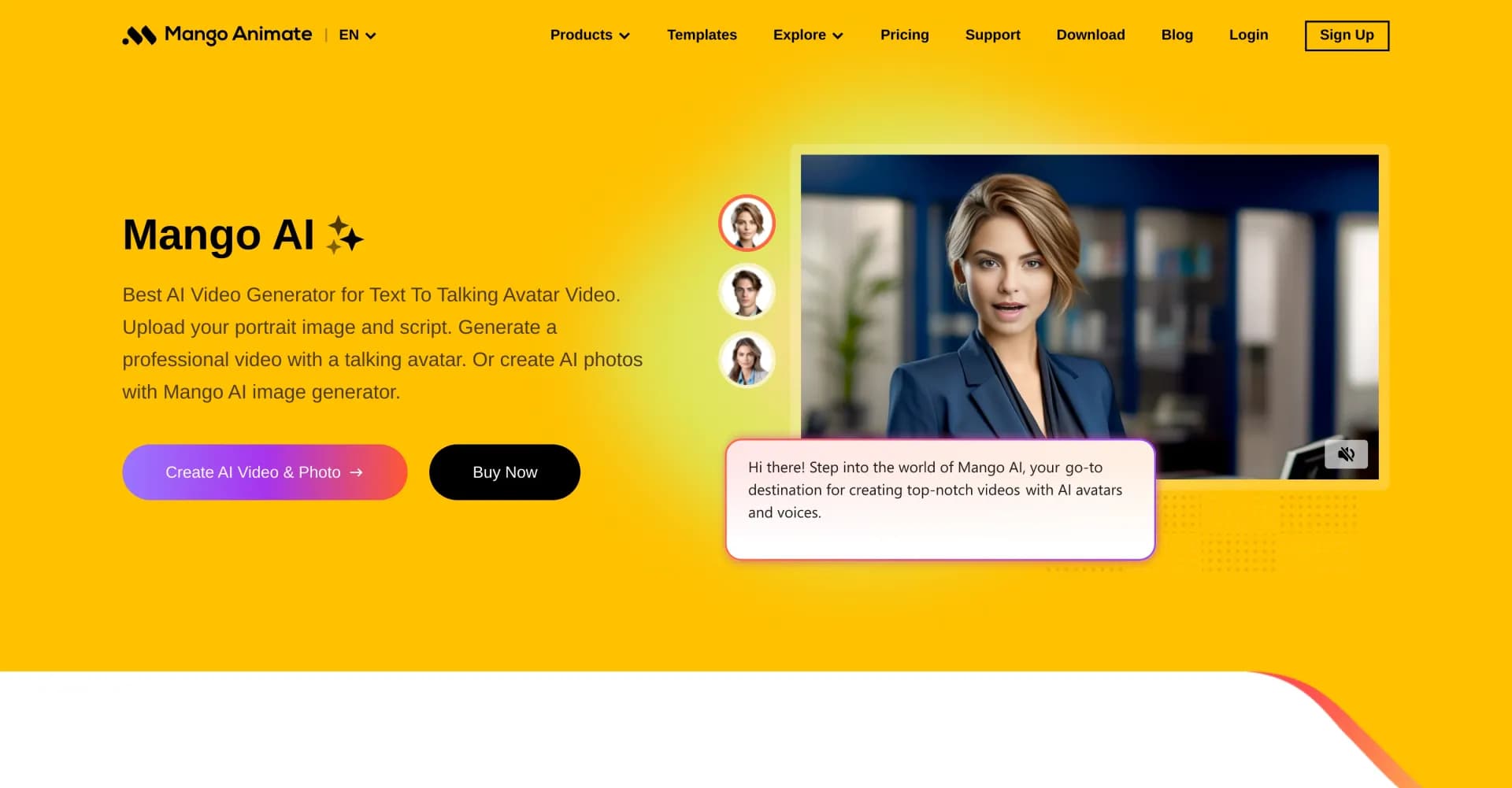 Mango AI homepage screenshot — AI-powered video creation with avatar face swaps.