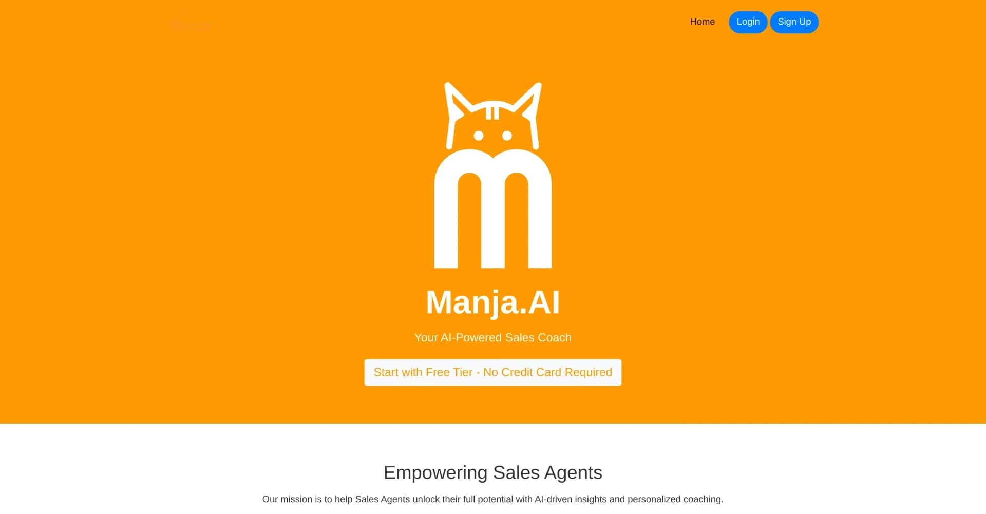 Manja homepage screenshot — AI-powered coach for sales success