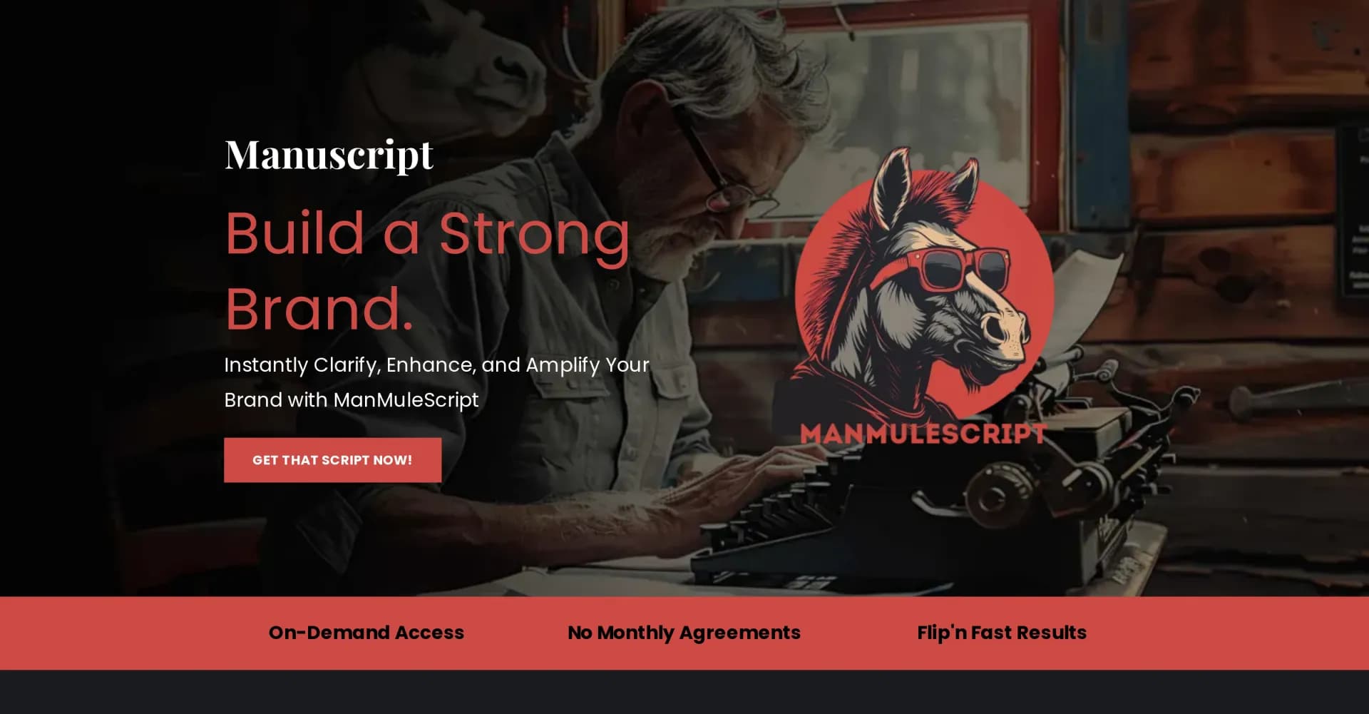 ManMuleScript homepage screenshot — Instantly clarify and amplify your brand messaging.