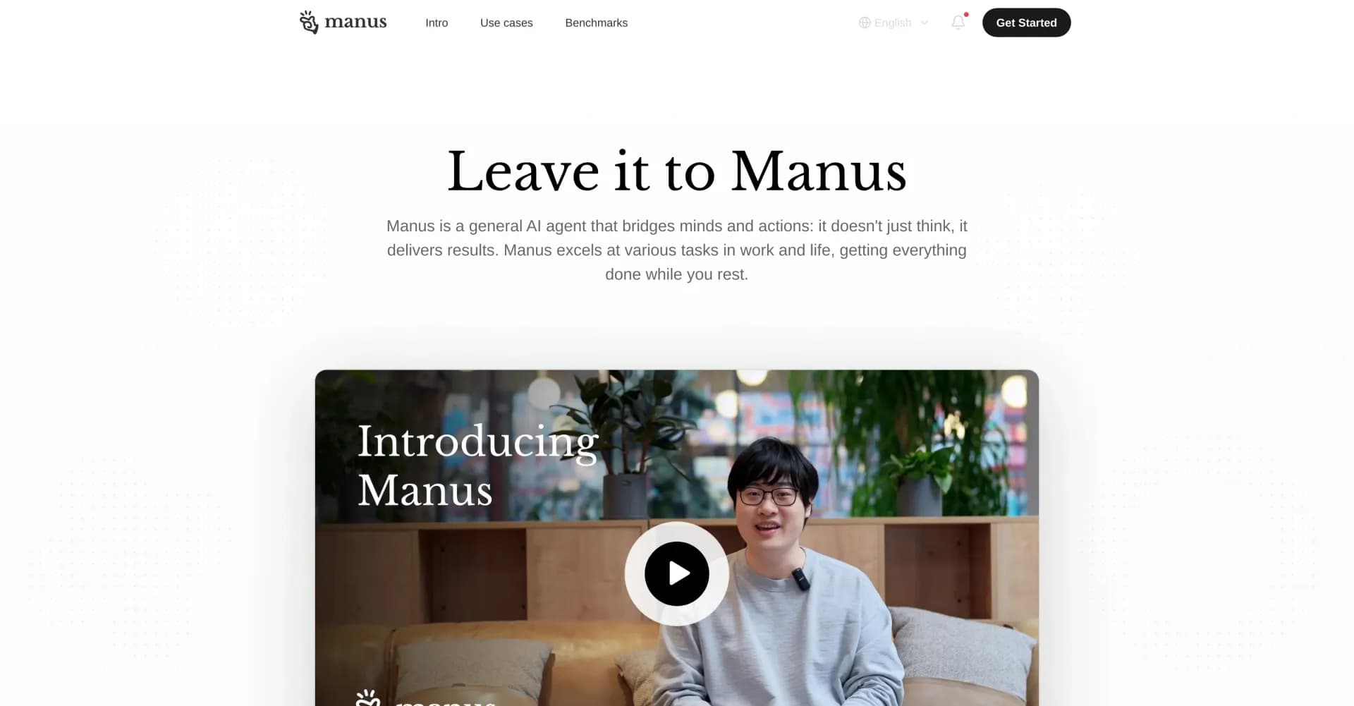 Manus homepage screenshot — Turn your thoughts into actions with AI