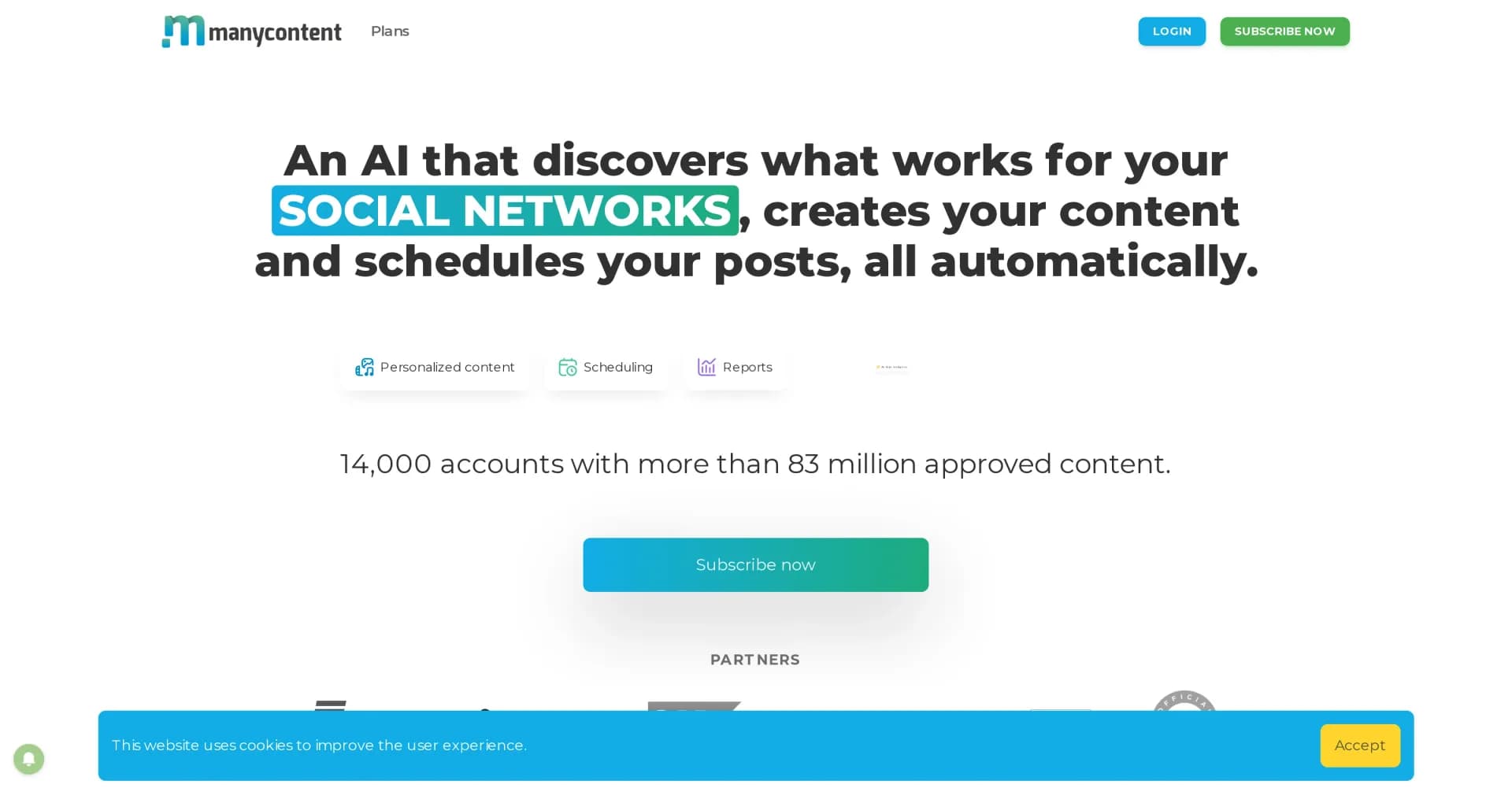 Manycontent homepage screenshot — AI-powered social media content creation and scheduling