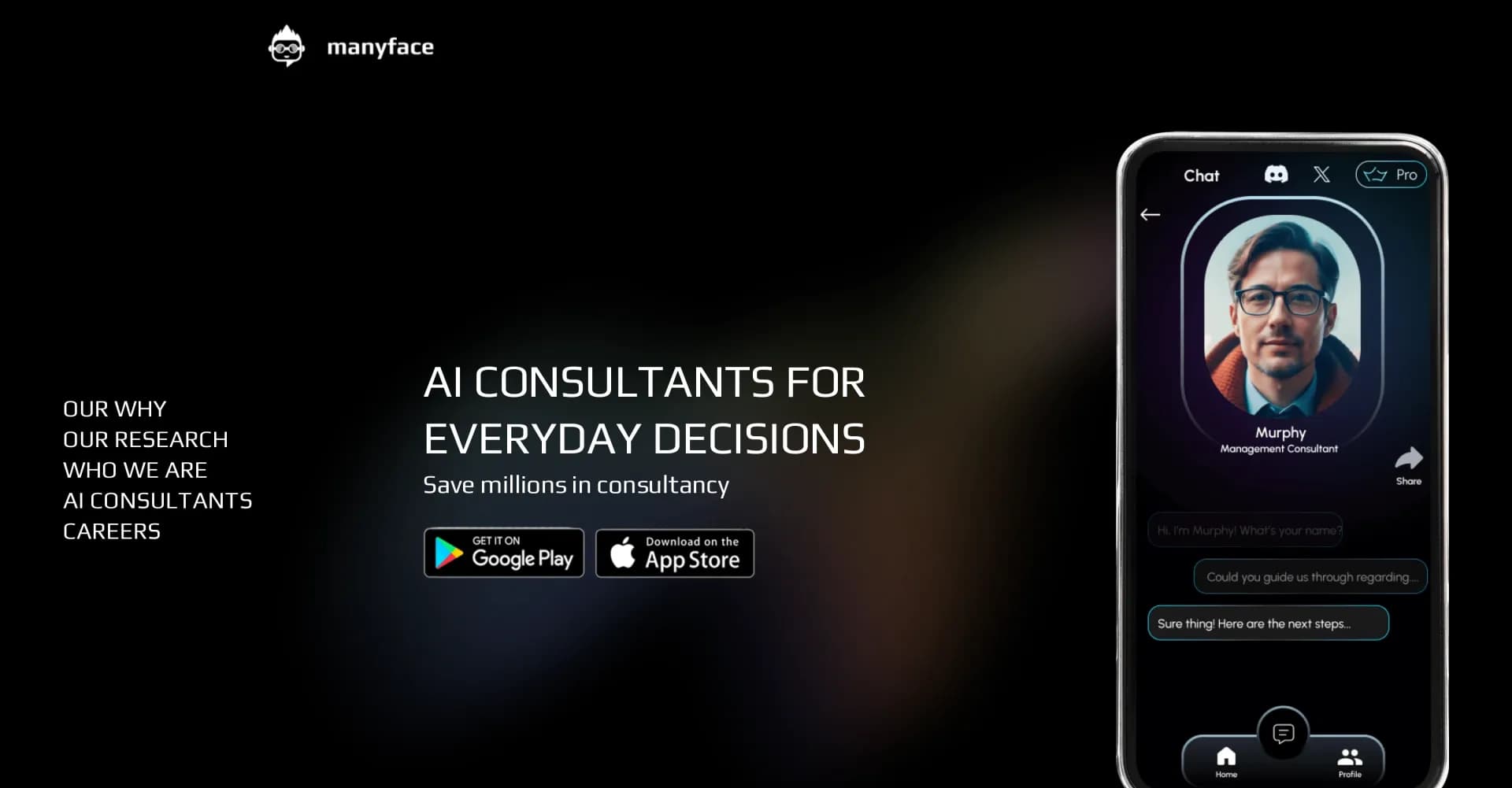 Manyface homepage screenshot — AI consultants for everyday decisions