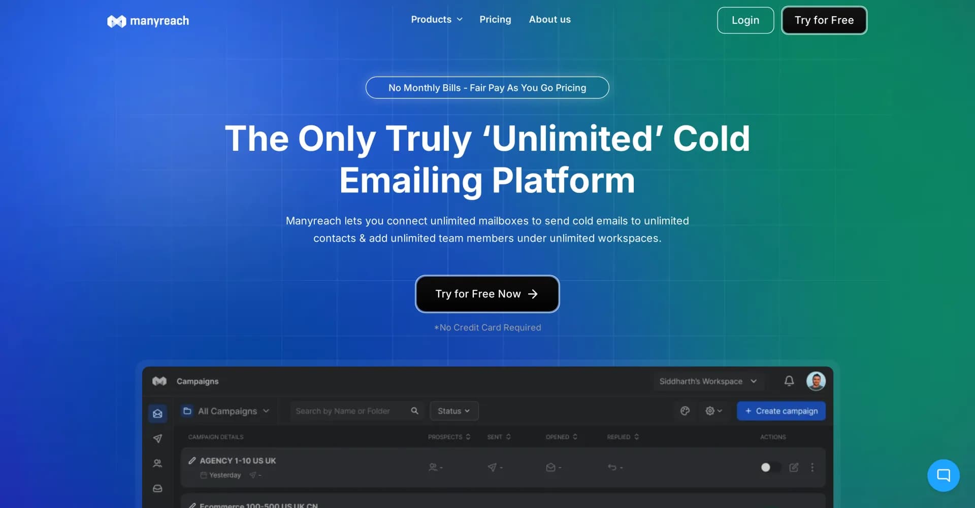 Manyreach homepage screenshot — Unlimited cold emailing, unshakable deliverability.