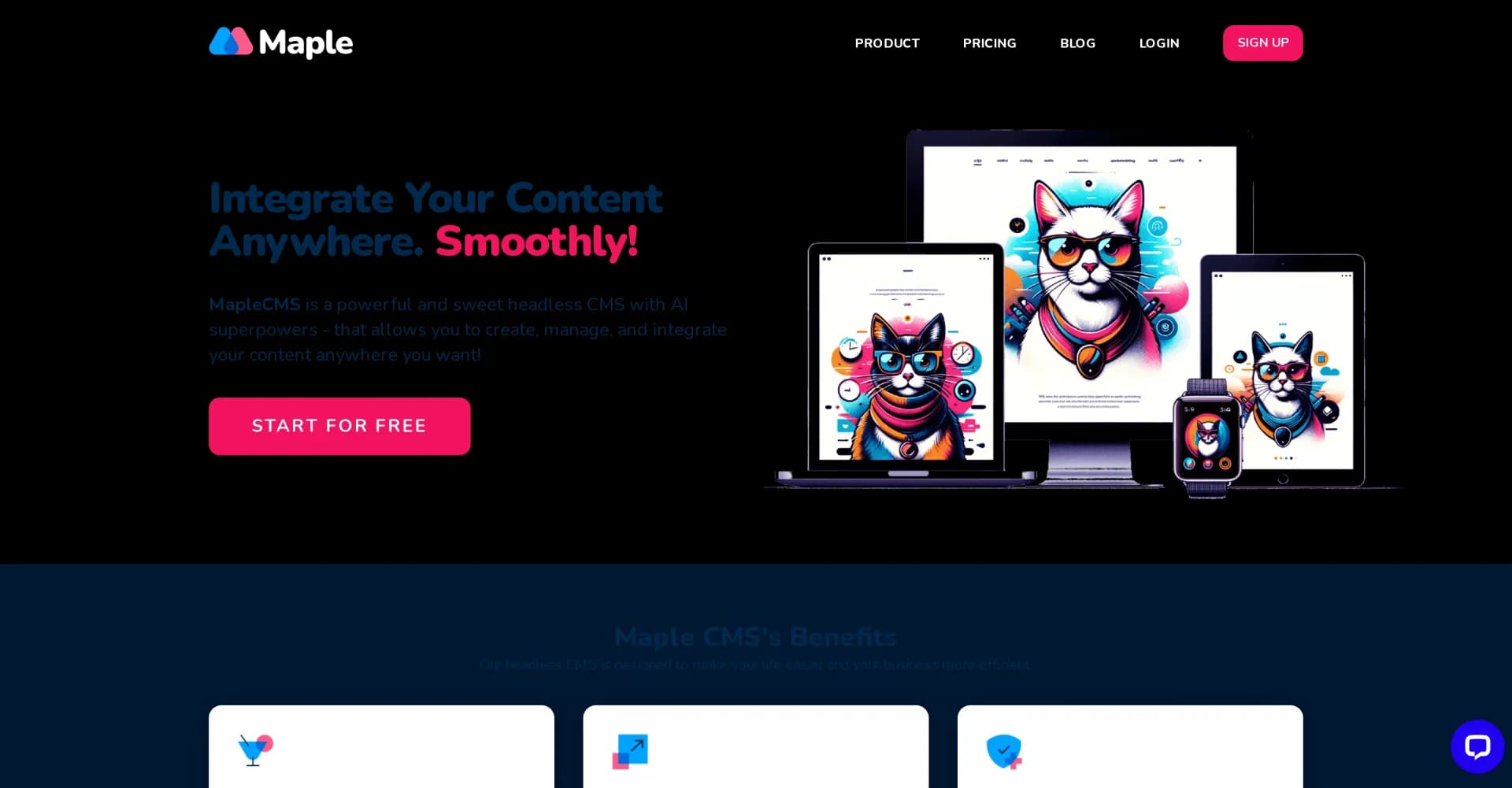 Maple CMS homepage screenshot — Integrate content anywhere with AI-powered headless CMS.