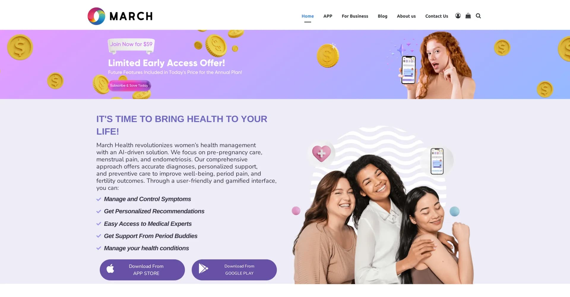 March Health homepage screenshot — AI-powered women's health revolution