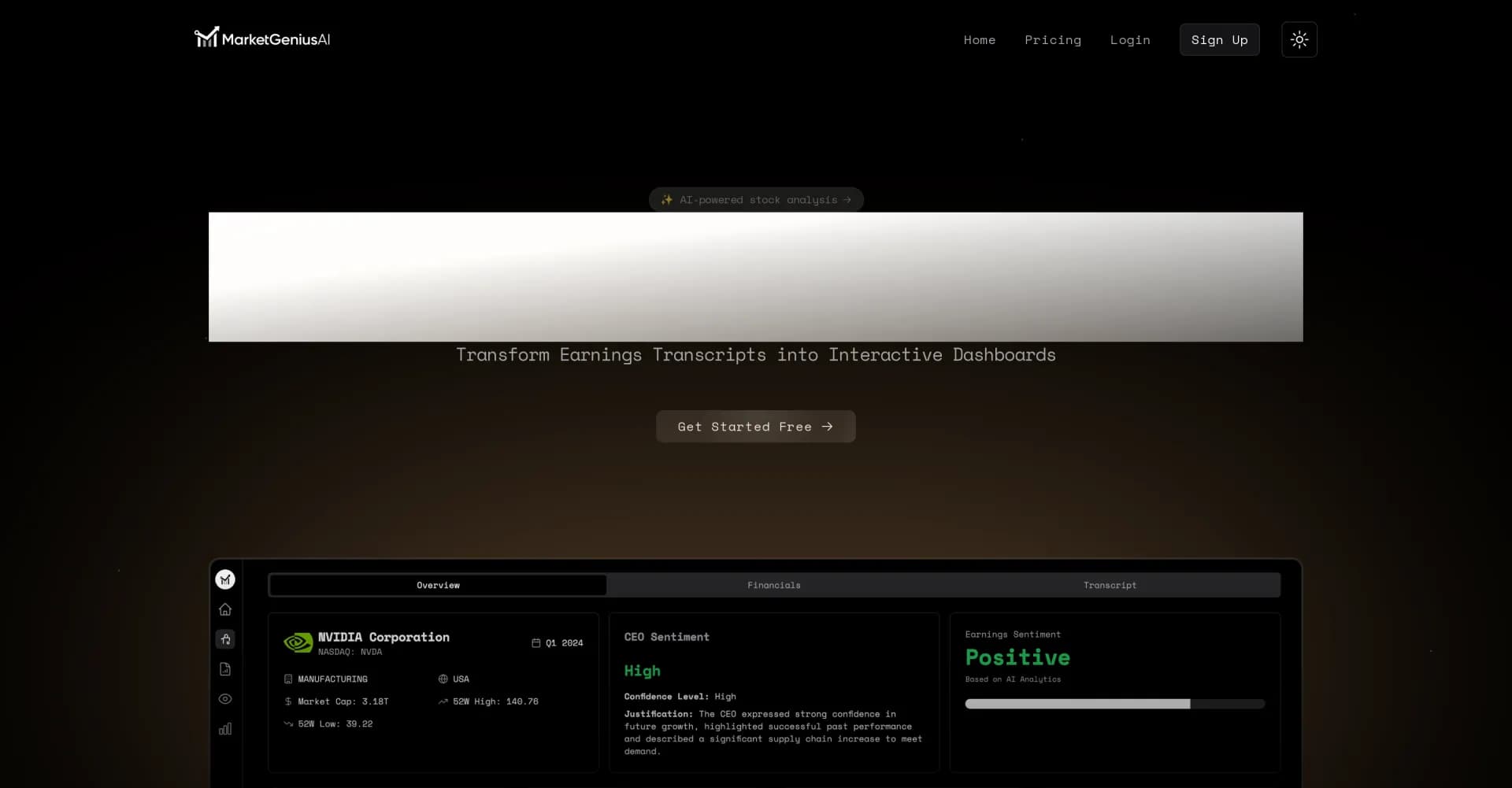 Market Genius AI homepage screenshot — Transform earnings transcripts into interactive AI dashboard