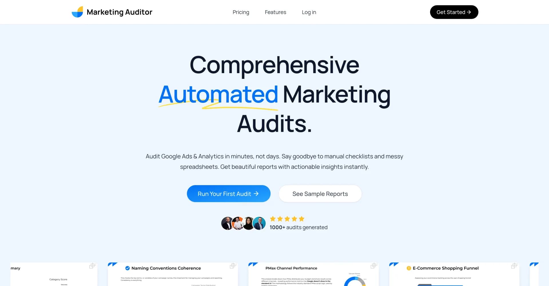 Marketing Auditor homepage screenshot — Comprehensive automated marketing audits in minutes.