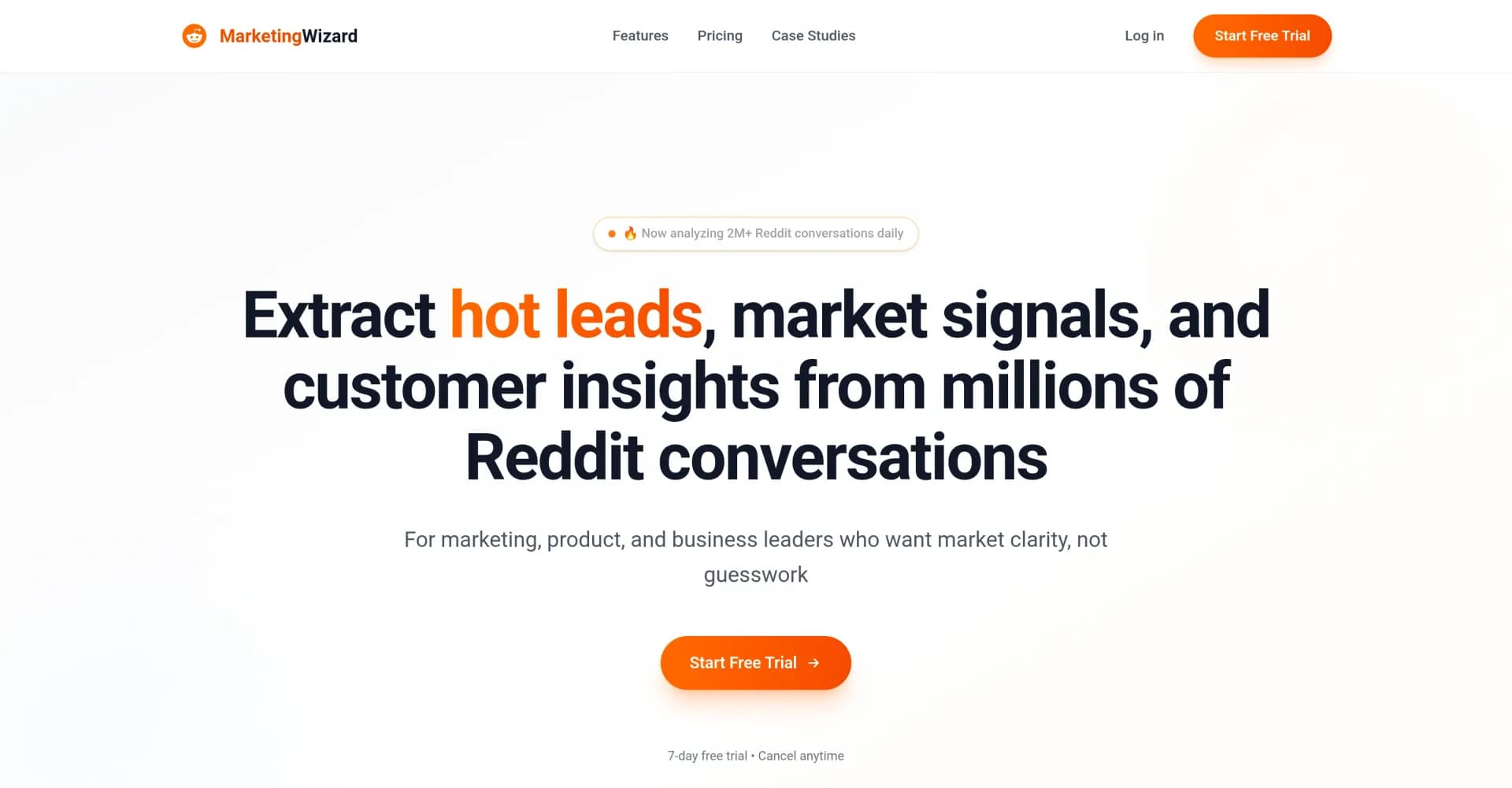 Marketing Wizard homepage screenshot — Extract hot leads and insights from Reddit conversations