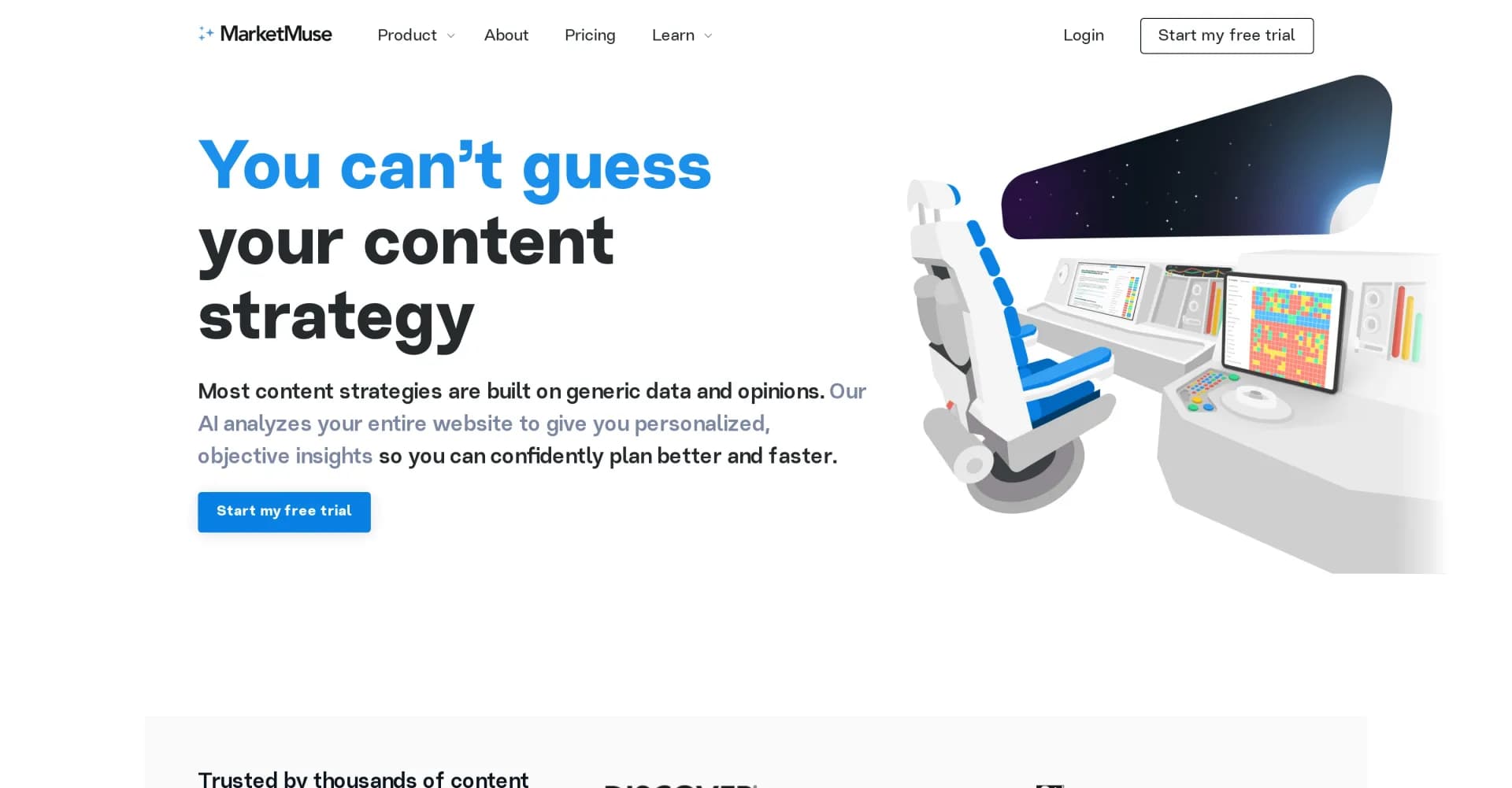 MarketMuse homepage screenshot — AI-powered content strategy for personalized insights