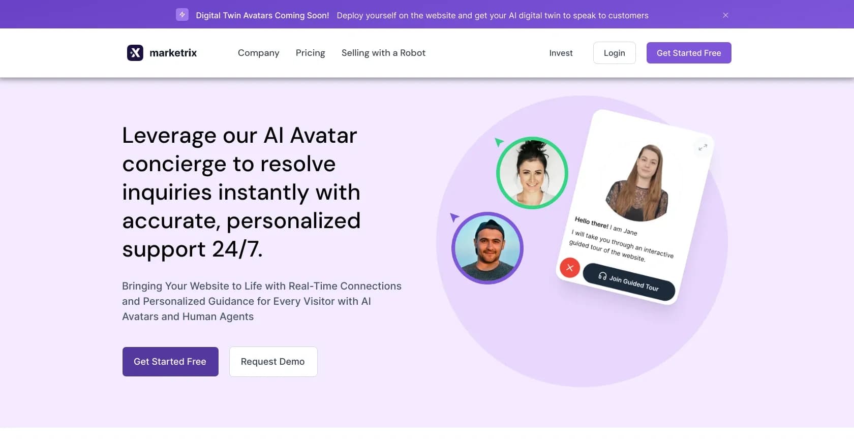 Marketrix homepage screenshot — Turn website clicks into real conversations with AI avatars.