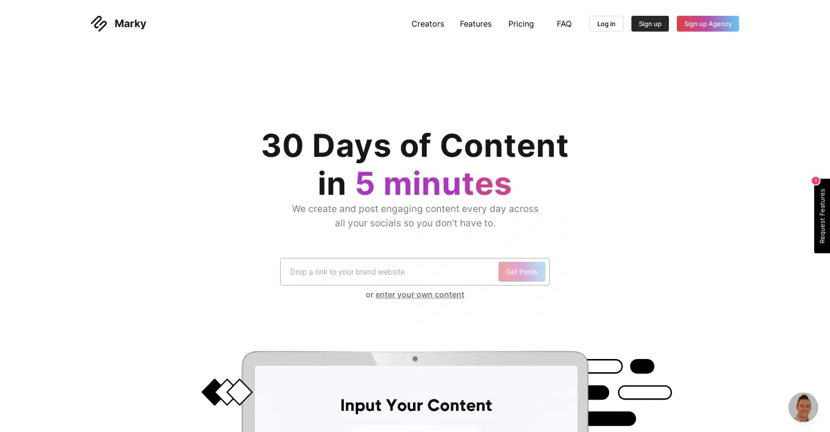 Marky homepage screenshot — Automate daily content creation across all your socials.