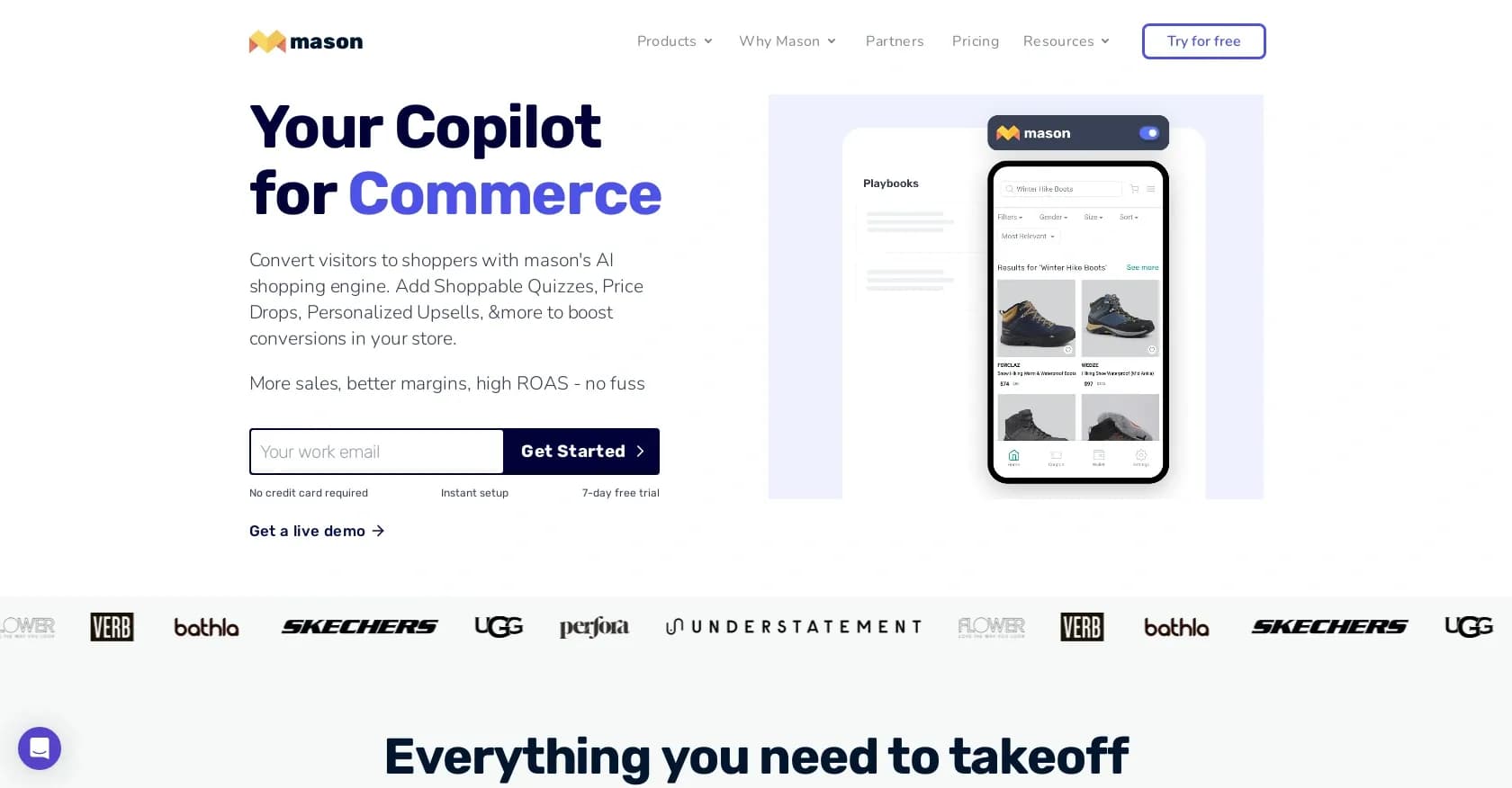 Mason.io homepage screenshot — AI copilot for boosting e-commerce sales