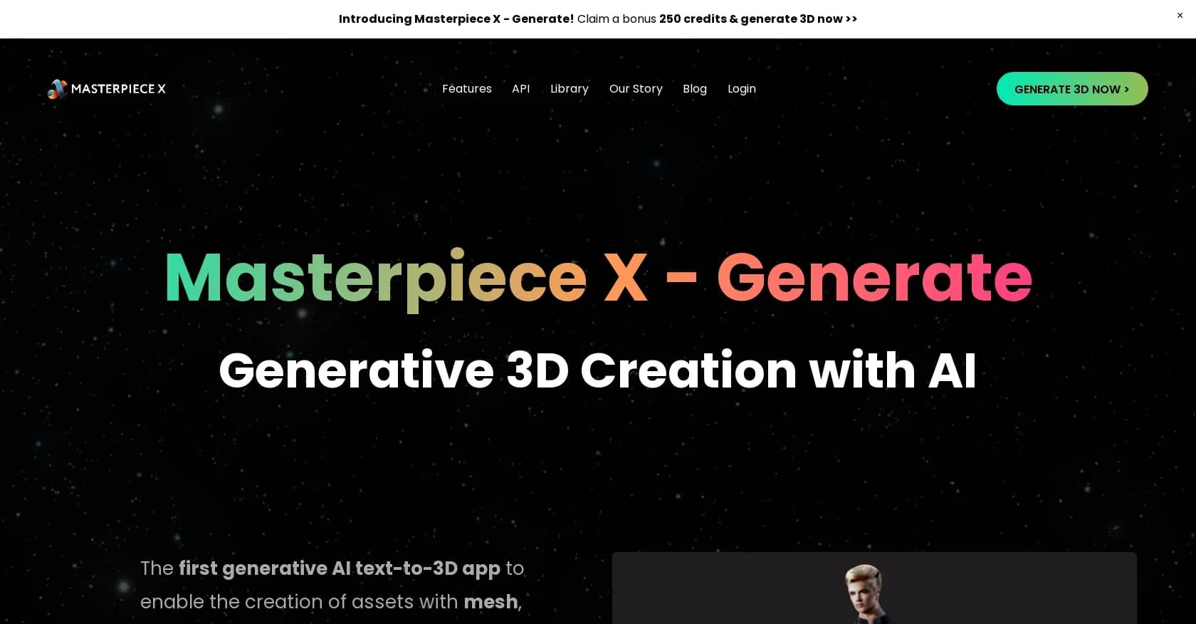 Masterpiecex homepage screenshot — Generate, edit, and share 3D creations instantly.